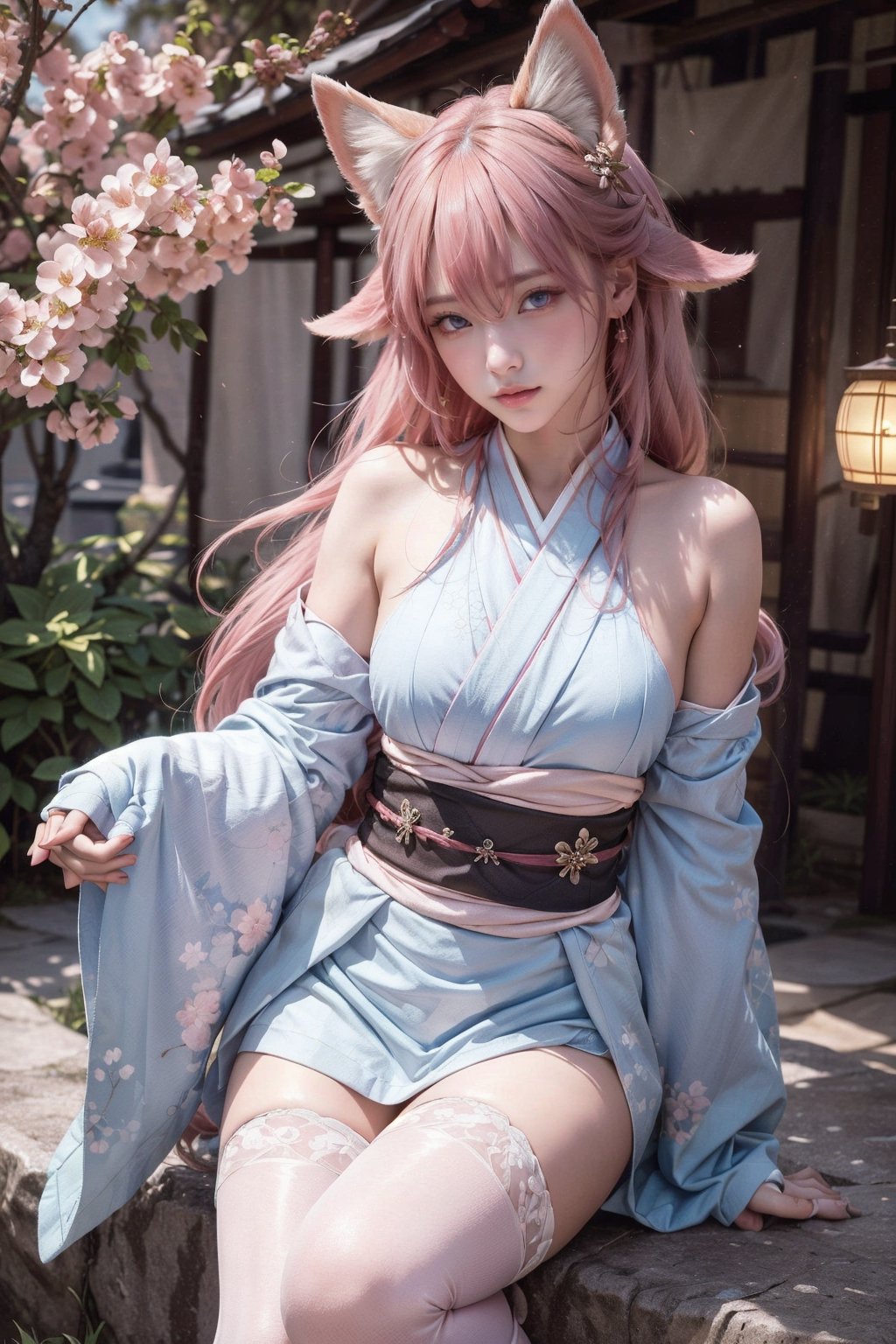 Ultra Detailed, 50mm, official art, unity 8k wallpaper, ultra detailed, aesthetic, masterpiece, best quality, photorealistic,1girl, pink hair, long hair, solo, jewelry, earrings, long hair, bangs, bare shoulders, blue eyes, thigh boots, thigh highs, hair between eyes, boots, elbow gloves,sleeveless, leggings, long sleeves, full body, asian cute face, town, two bare long legs, white-skinned girl, tall, narrow waist, dynamic pose, dynamic angle, asian,solo,yaemikodef,yu fuhua, fox_ears, fox_tail, kimono,jiae, albino_fox,yaemikornd