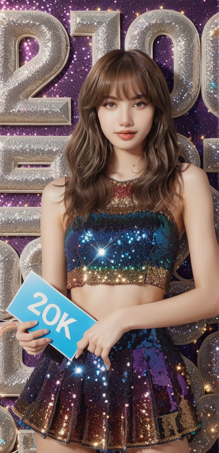 (((holding sign "20k"))), (masterpiece, top quality, best quality, official art, beautiful and aesthetic:1.2), (1girl),(beautiful supermodel),craft a hyper detailed photo of a beautiful girl, absurdres, highres, ultra detailed, Ultra-precise depiction, solo, (zentangle:1.2), floating hair, shiny skin, (abstract:1.2), pantyhose,looking at viewer,,glitter,(((holding sign "20k"))),lis4