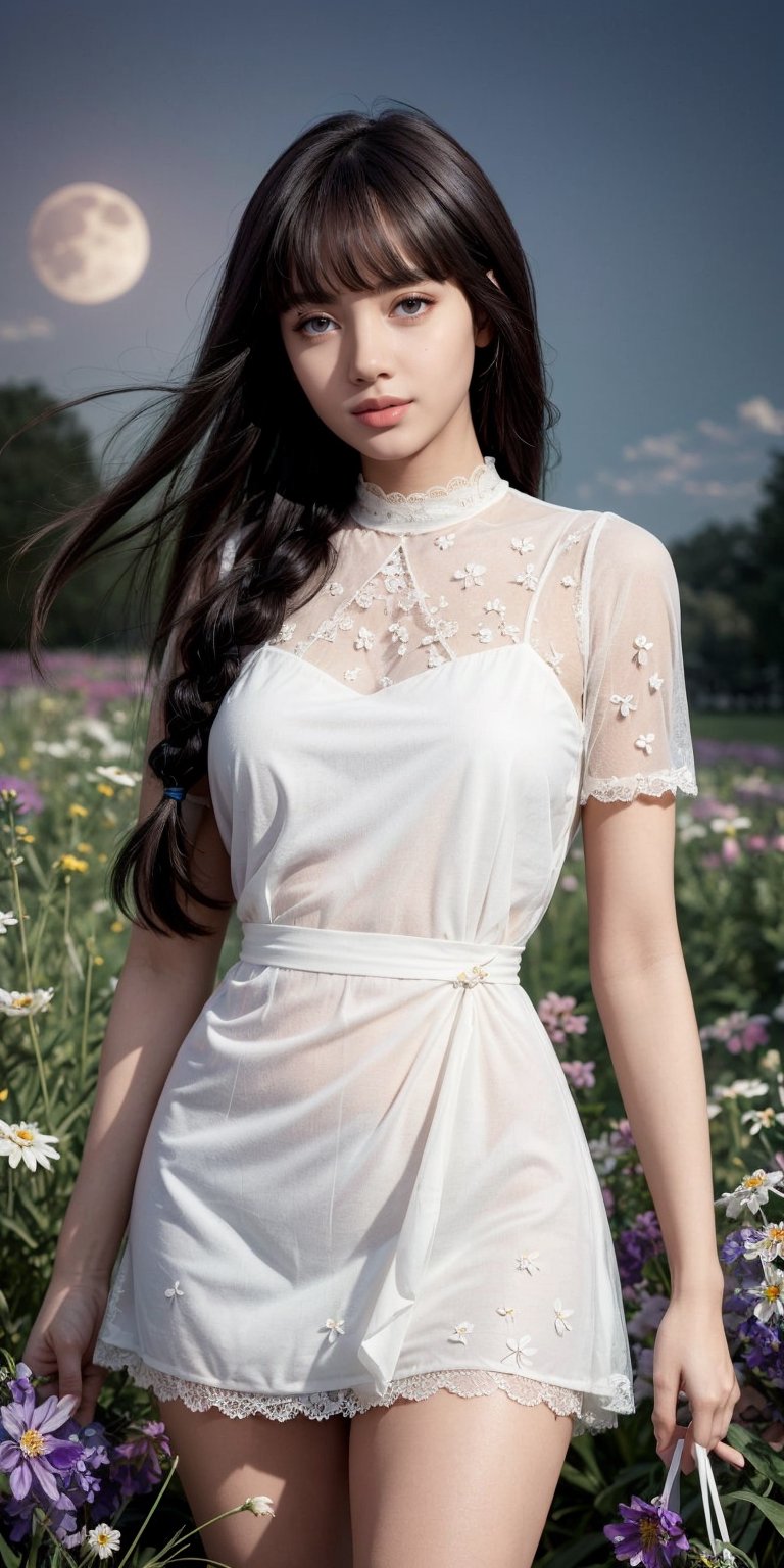 masterpiece, best quality, 1girl, (colorful),(finely detailed beautiful eyes and detailed face),ight brown hair, White lace dress, brown eyes,plaits hairstyle,cinematic lighting,bust shot,extremely detailed CG unity 8k wallpaper,white hair,solo,smile,intricate skirt,((flying petal)),(Flowery meadow) sky, cloudy_sky, building, moonlight, moon, night, (dark theme:1.3), light, fantasy,lisa