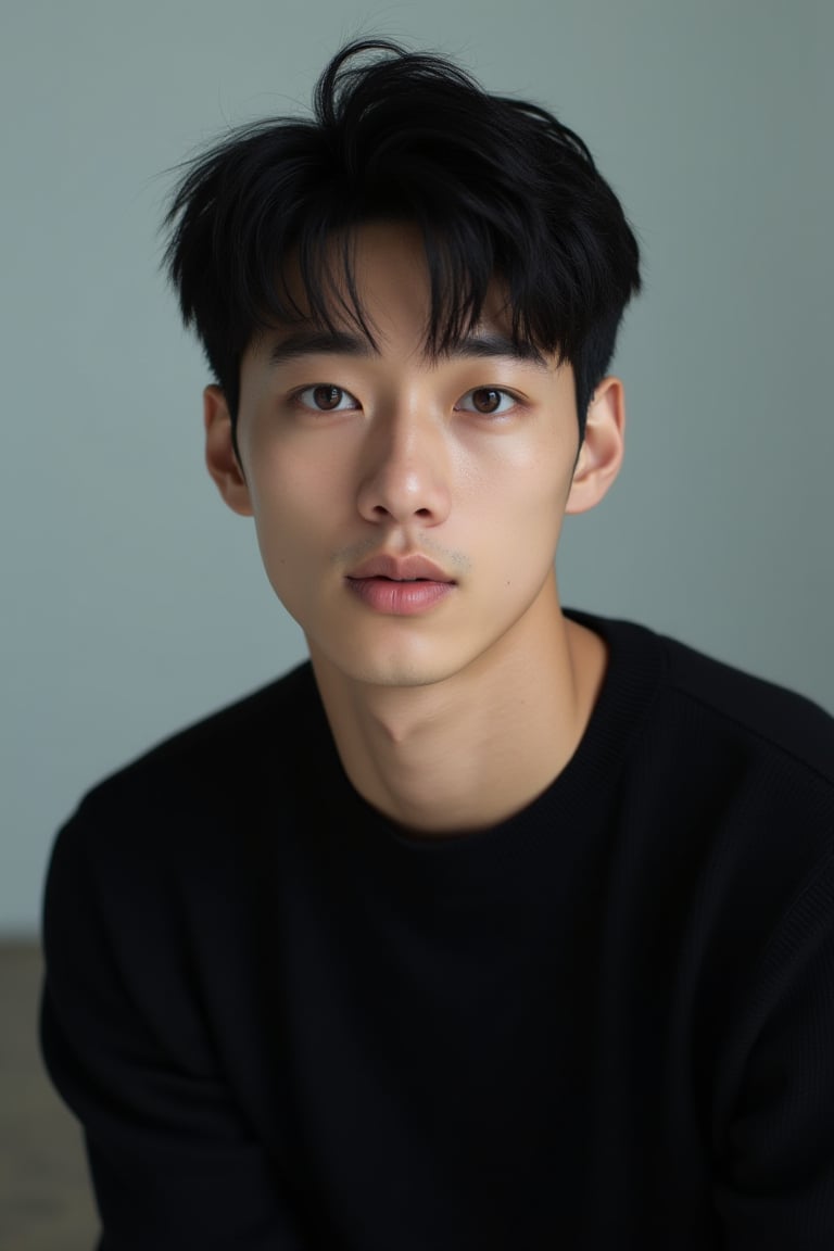 A serene 32-year-old Japanese man sits calmly in front of a subtle gradient background,Pixie cut ,his kind eyes gazing directly into the camera. Soft, natural light illuminates his delicate features, accentuating the innocence and purity on his face. A short-sleeved black top hugs his slender physique, drawing attention to his youthful charm. The composition is tight and intimate, with the subject's gentle expression taking center stage. A high-resolution lens captures the intricate texture of the sweater, while a soft focus effect maintains a minimalist aesthetic free from distractions.