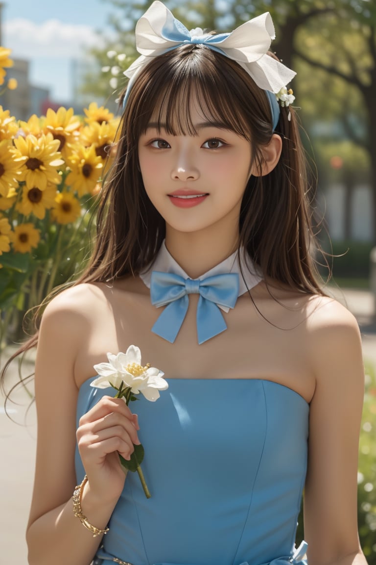 1girl, solo, long hair, looking at the viewer, smiling, bangs, brown hair,  strapless, blue dress, outdoors, holding flower in hand, bow, ribbon, hair ribbon,  hairband,  parted lips,  bowtie, lips,  bow,  ribbon, realistic,leonardo