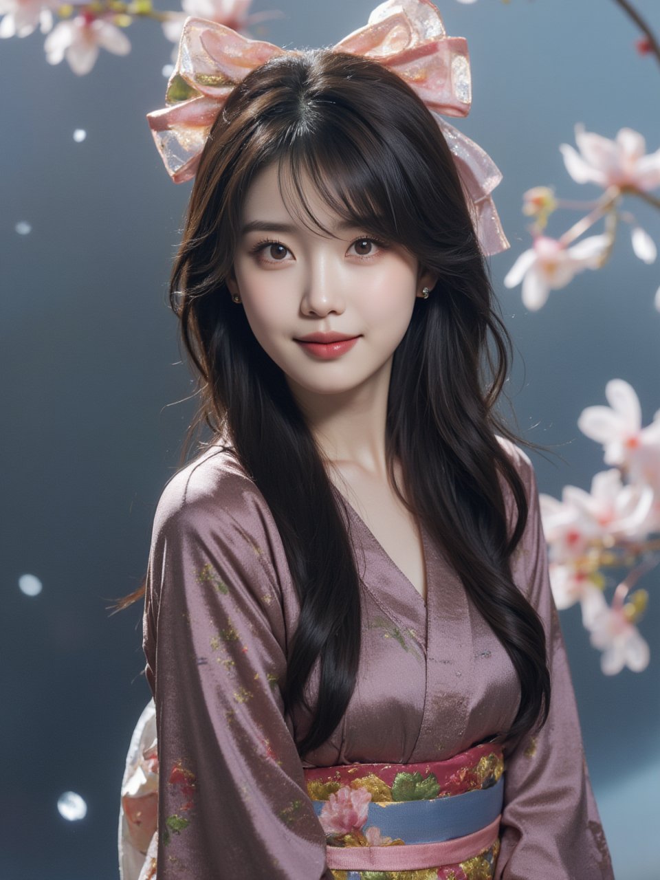 (ultra realistic,32k, masterpiece:1.2),(high detailed skin:1.1),( high quality:1.1), (masterpiece, best quality), 1girl, solo, looking at viewer, smile, bangs, black hair, hair ornament, red eyes, bow, jewelry, closed mouth, upper body, flower, earrings, outdoors, japanese clothes, pink eyes, kimono, blurry, tree, lips, parted bangs, eyelashes, makeup, depth of field, blurry background, floral print, cherry blossoms, tassel, hair rings, nose, branch ((dystopic )) ((lleg open)) ((standing)) ((combat ready)) ((rainy playground)) ((sittting)) (( serafuku)) ,jisosmile,ct-identity