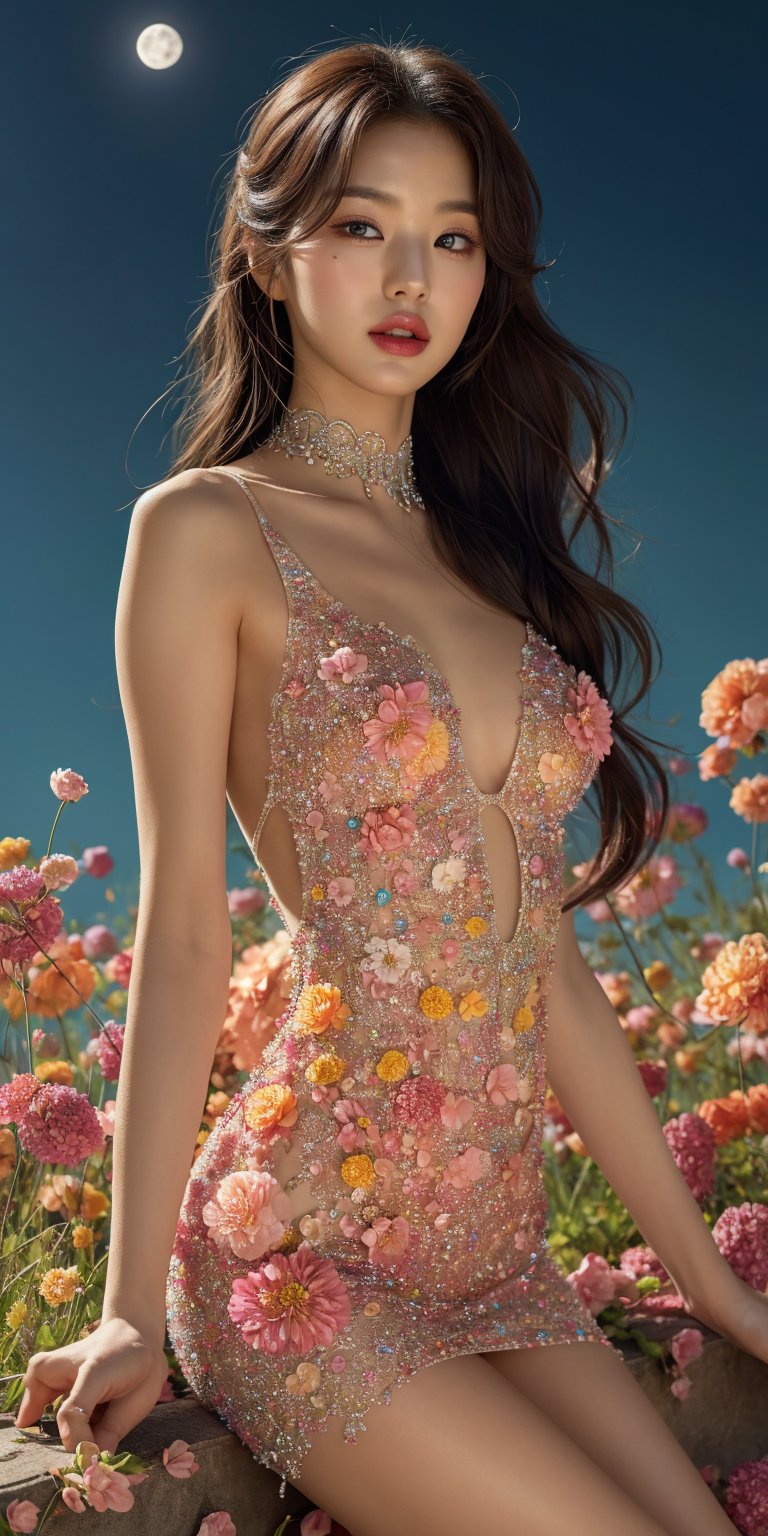 masterpiece, best quality, 1girl, (colorful),(finely detailed beautiful eyes and detailed face),light pink hair, White lace dress, brown eyes,plaits hairstyle,cinematic lighting,bust shot,extremely detailed CG unity 8k wallpaper,white hair,solo,smile,intricate skirt,((flying petal)),(Flowery meadow) sky, cloudy_sky, building, moonlight, moon, night, (dark theme:1.3), light, fantasy,jisoo,1 girl,Asia,Woman ,z1l4,enhanc3d,beaded flower decoration