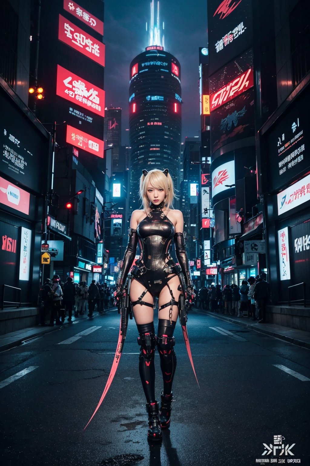 high-detail、high-level image quality、rialistic photo、Japan pretty girls、a blond、Twinte、cyberpunked、Futuristic city at night、miku hatsune、full body seen、Violent explosion、Combat with robots、a scene from a movie、arma,Korean