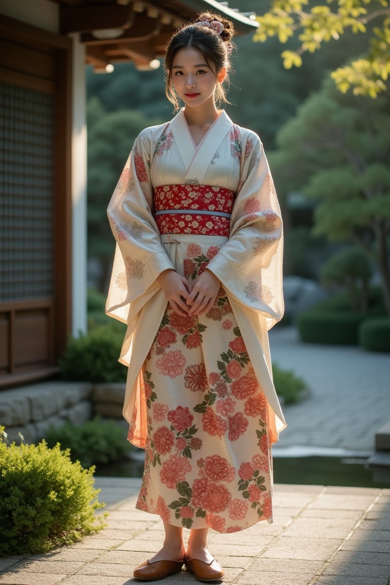 A beautiful Japanese woman, 23yo, full body portrait, kimono, wood slippers, standing at Japan Zen garden, cinematic, amazing composition, highly details,