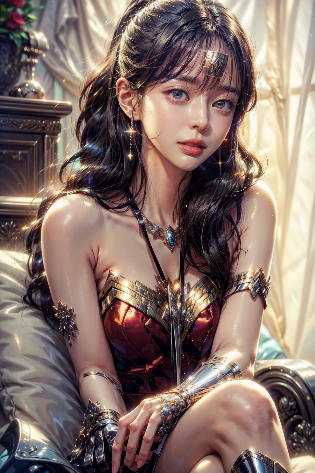 Wonder woman sitting in luxury hotel couch, Korean girl, 1 girl, (wonder woman costume with high heel boots), slim waist and big hips, 27yo, big golden earrings, beautiful necklace, high ponytail, (rule of thirds), full body shot, crossing legs, gorgeous, smile, view from above, 

masterpiece, best quality, realistic, ultra highres, depth of field, (detailed face:1.5), (detailed eyes:1.5), detailed background, (masterpiece:1.2), (ultra detailed), (best quality), intricate, cinematic lighting, 8K raw photo, glamour magazine, yuzu, kwon-nara