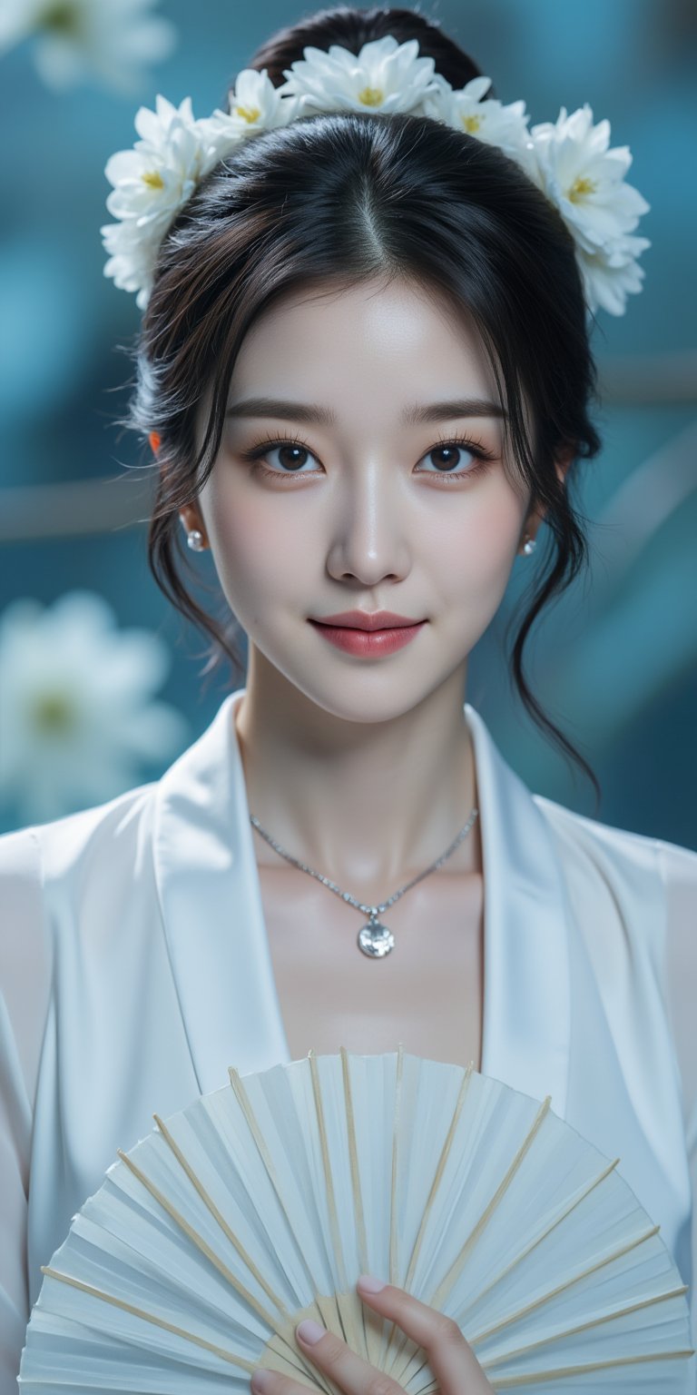 (ultra realistic,32k, masterpiece:1.2),(high detailed skin:1.1),( high quality:1.1), (masterpiece, best quality), A close-up shot of a Asian woman in a white chinese clothes with a silver necklace and earrings. She is holding a white fan. The woman's hair is adorned with white flowers adding a touch of beauty to the scene. creating a soft focus on the woman's face. neon lighting. (cover the background wall with light blue flowers:1.3), (looking at viewer, upper body) ((dystopic )) ((lleg open)) ((standing)) ((combat ready)) ((rainy playground)) ((sittting)) (( serafuku)) ,jisosmile,ct-identity