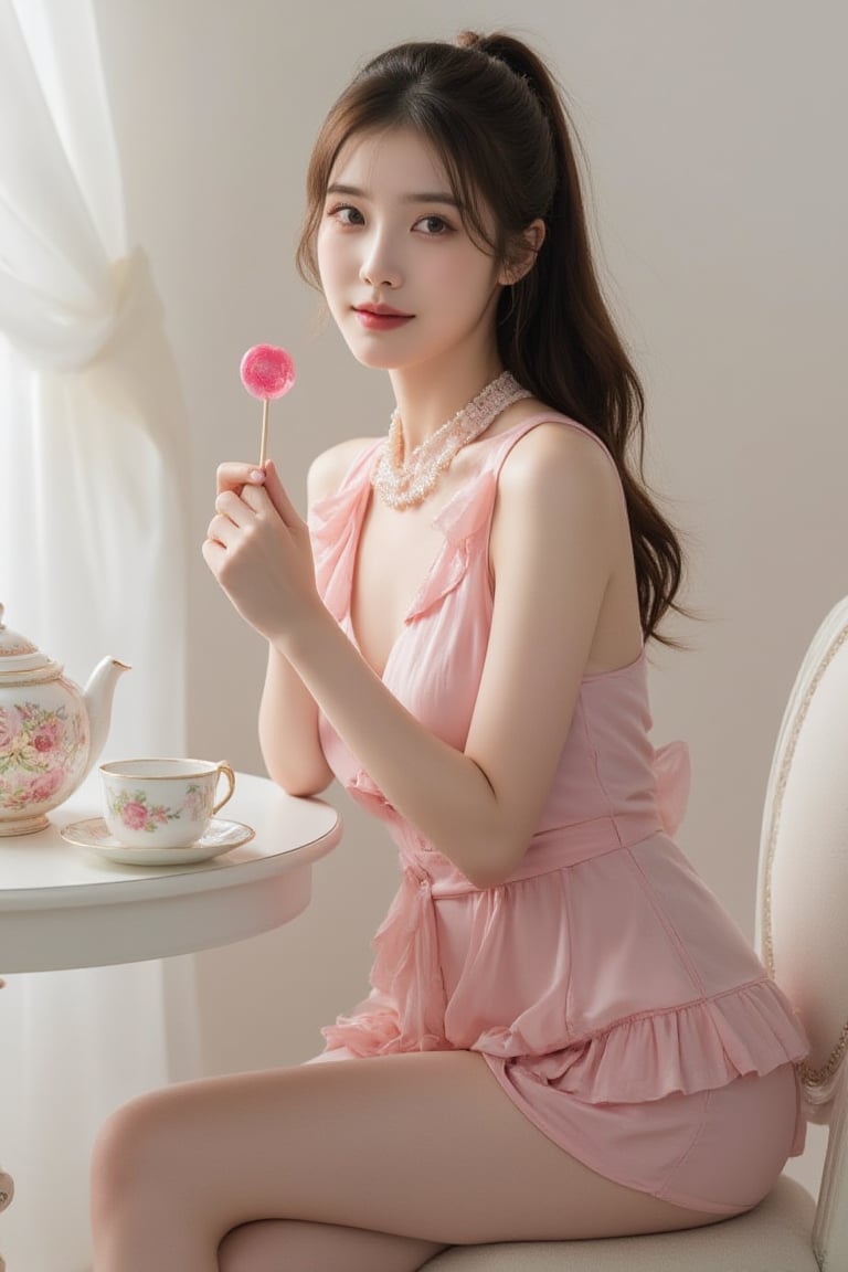 professional photo, 4r14n4, high ponytail,light makeup, woman in frilly pink dress, short dress, visible thigh, barefoot, holding lollipop candy, sitting at white table, tea set, side view, looking at viewer