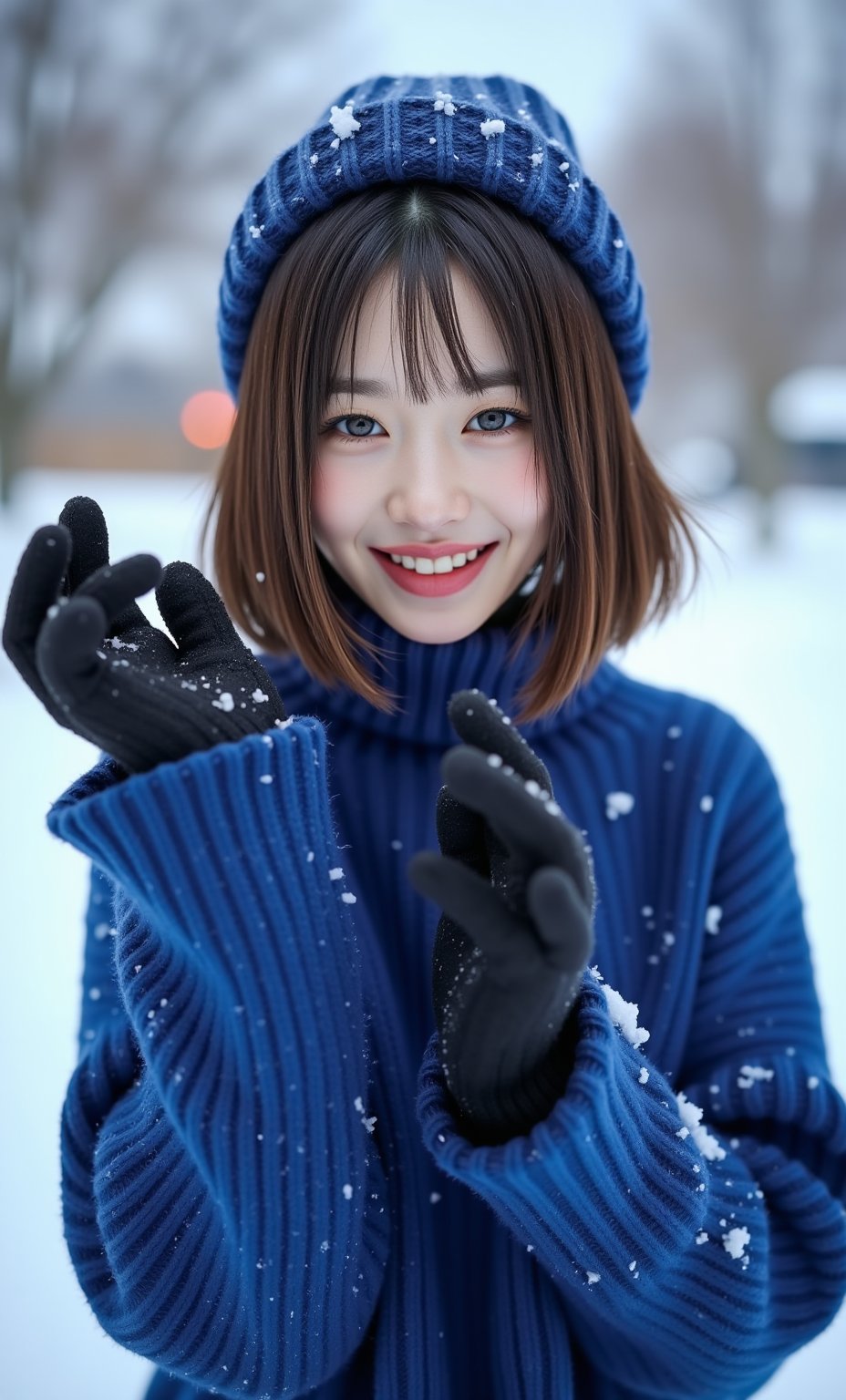 (ultra realistic,32k, masterpiece:1.2),(high detailed skin:1.1),( high quality:1.1), (masterpiece, best quality)full body photograph of a woman with short bob cut hair and rosy cheeks, laughing playing in the snow, brunette with light highlights, light-colored perfect eyes, wearing a tight long-sleeve heavy (blue sweater:1.1) with a ribbed texture, beanie hat, (black gloves:1.1) , action shot, outside during a snowstorm, cold, UHD, HDR, extremely intricate details, masterpiece, full body,(face close-up:1.4), (looking at viewer, upper body) ((dystopic )) ((lleg open)) ((standing)) ((combat ready)) ((rainy playground)) ((sittting)) (( serafuku)) ,jisosmile,ct-identity