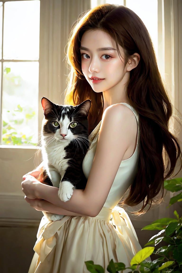 Golden light streaming in through the window casts a warm glow on the delicate features of this breathtakingly beautiful princess as she holds her cat. Her porcelain-like skin has a subtle sheen, complementing her radiant smile and large eyes with starry pupils. Her long golden hair flows down her back and spreads out like a fan. Flowers and lush greenery surround her in the room, and the air is filled with an otherworldly aura, captivatingly enhancing her beauty. Five fingers, two limbs, ultra-detailed and rendered in 8K/HD realism.