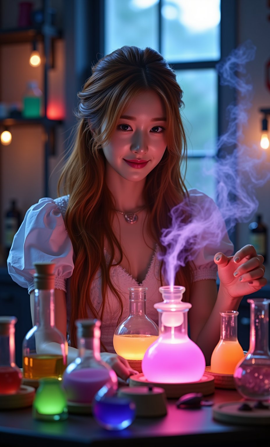 (ultra realistic,32k, masterpiece:1.2),(high detailed skin:1.1),( high quality:1.1), (masterpiece, best quality),1girl, a really cute young ginger girl with a bright and infectious smile, filling the scene with warmth and joy. She is a potion mistress, surrounded by an array of colorful, glistening potions. Glowing, ethereal smoke spirals around her as she works in an intricately detailed alchemy laboratory. The room is filled with bubbling test tubes and magical equipment, enhanced by the glow of the moonlight streaming through a large window. Volumetric lights accentuate the whimsical and fairy-tale-like atmosphere, with tetradic colors adding vibrancy and richness to the scene. The girl wears a casual yet enchanting dress, her long ginger hair styled in a cute, whimsical fashion (1.5). The room is bathed in dim, soothing, and muted tones (1.3), with details that bring the alchemical environment to life. She gazes with big dream-like eyes (1.4), her expression concentrated yet joyful. Perfectly detailed hands and fingers (1.4) carefully handle a glowing potion, adding to the magical moment. The dynamic angle captures the entire laboratory, making it feel both expansive and intimate, while the wide shot gives a cinematic feel (1.4). The setting is rich, vibrant, and dynamic, filled with fairy-tale charm and wonder.,Eroflo,meidusha,forehead mark, high contrast, (grayscale:-1.5), (perfect face), top quality, (official art :1.2), (HDR:1.4), UHD, (beautiful and aesthetic:1.2), high definition, high quality, detailed face, high resolution, highly detailed, extremely detailed background, (ultra detailed), perfect lighting, (photorealistic :1.37), (8k, 16K, best quality, masterpiece:1.2), (ultra highres:1.0), realistic, epic, full body,(face close-up:1.4), (looking at viewer, upper body) ((dystopic )) ((lleg open)) ((standing)) ((combat ready)) ((rainy playground)) ((sittting)) (( serafuku)) ,jisosmile,ct-identity