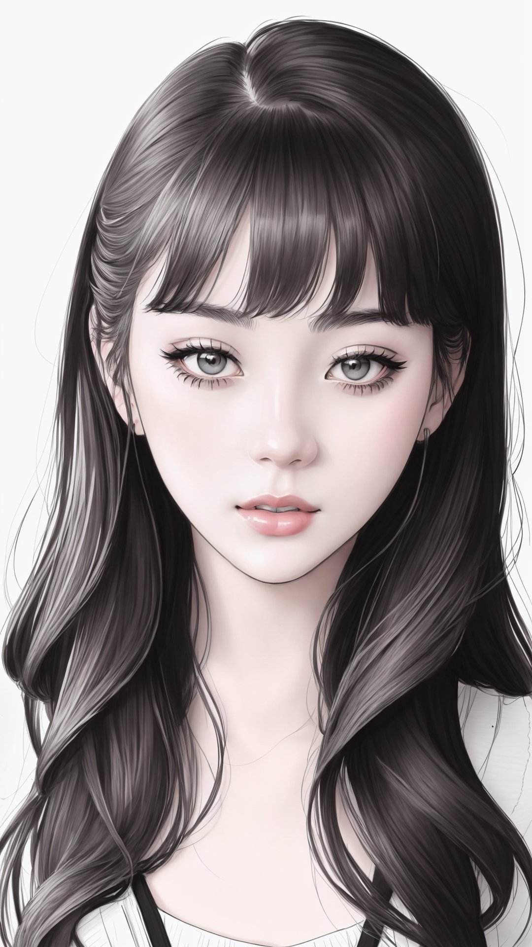 Woman, b/w outline art, Bangs, full white, white background, coloring style, Sketch style, Sketch drawing,JeeSoo 