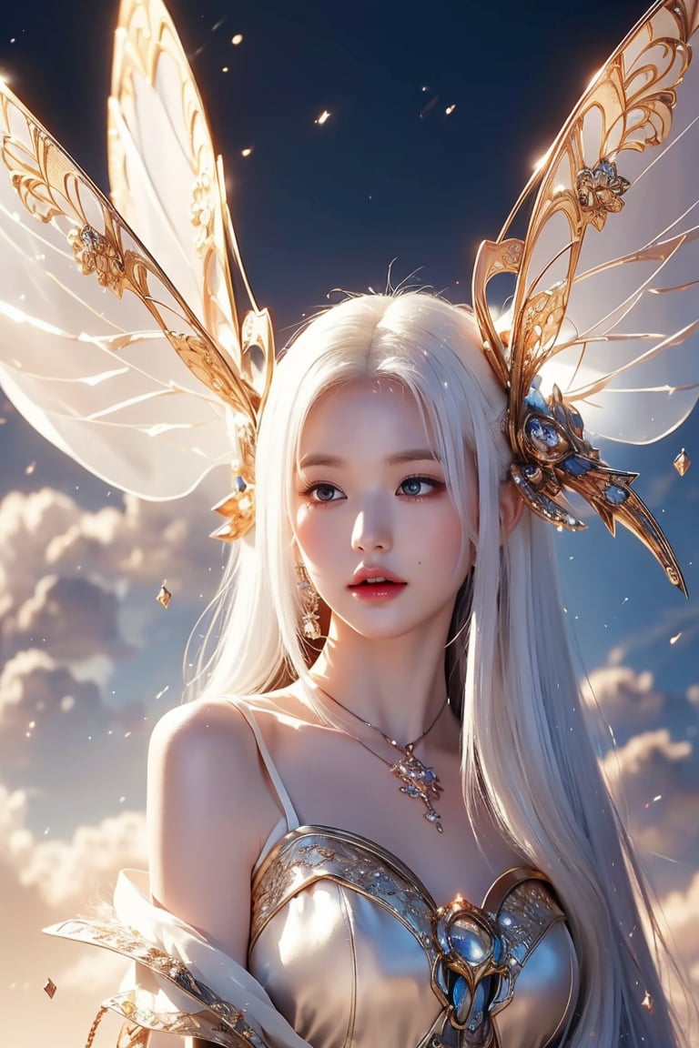 ((best quality)), ((masterpiece)), (detailed), alluring succubus, ethereal beauty,((white hair)),((hime cut))perched on a cloud, (fantasy illustration:1.3), enchanting gaze, captivating pose, delicate wings, otherworldly charm, mystical sky, (Luis Royo:1.2), (Yoshitaka Amano:1.1), moonlit night, soft colors, (detailed cloudscape:1.3), (high-resolution:1.2),Enhance