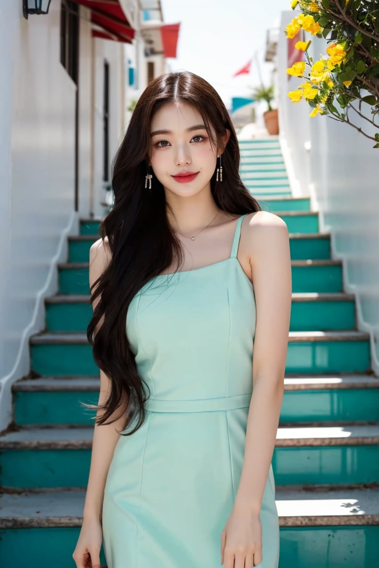 a 20 yo woman,  smile, laugh, long hair, medium breast, sexy, realistic, medium breast, earrings, full body, parted lips, lips,  in a long aqua blue dress descends the stairs in Santorini, bright sunny smile. beautiful old buildings and sea in the background, trending on artstation, with direct lighting, long hair, soothing tones, high contrast, (natural skin texture, hyperrealism, soft light, sharp), chromatic_background, Detailedface, Detailed eyes, Detailedface, blurry background,