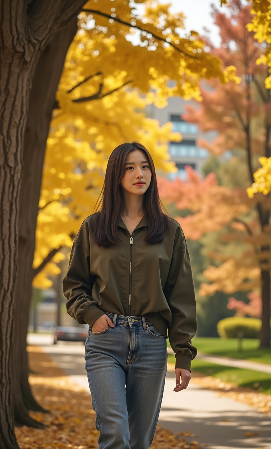 (ultra realistic,32k, masterpiece:1.2),(high detailed skin:1.1),( high quality:1.1), (masterpiece, best quality),3/4 shot, photograph of a happy 25 year old woman walking under a tree, wearing jeans and long sleeve shirt, autumn, bright sunny day, lens flare, masterpiece, UHD, bright, cheerful, extremely intricate details, masterpiece, casting shadow style, f/2. 8, bokeh, full body,(face close-up:1.4), (looking at viewer, upper body) ((dystopic )) ((lleg open)) ((standing)) ((combat ready)) ((rainy playground)) ((sittting)) (( serafuku)) ,jisosmile,ct-identity