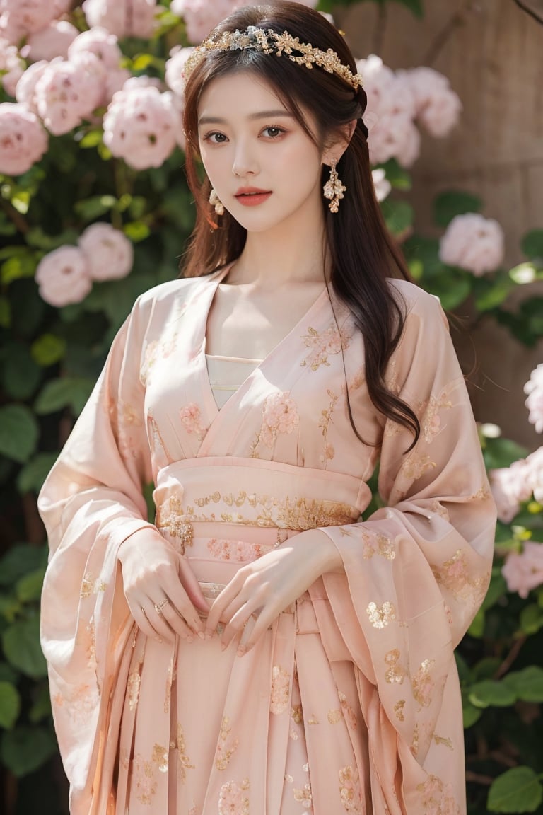 Busty and sexy girl, 8K, masterpiece, ultra-realistic, best quality, high resolution, high definition, figure wearing floral headdress decorated with gold jewelry and pearls. Low-cut floral patterned ancient hanbok. Gold embroidery and gems create a sense of luxury. The fabric drapes elegantly as if it were a flowing robe or gown. Overall color palette is rich gold and dazzling white. Colorful smoke background.,1girl