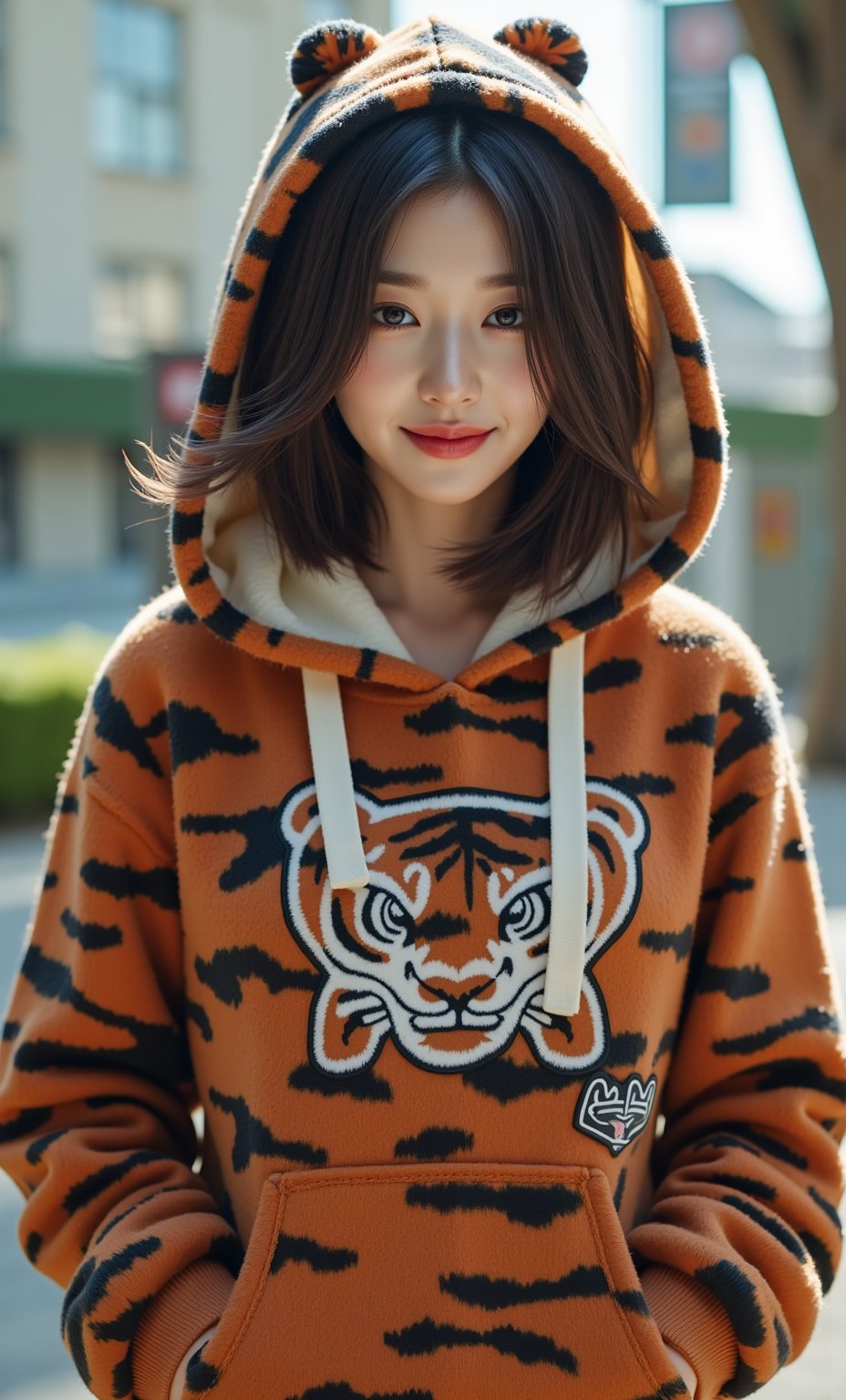 (ultra realistic,32k, masterpiece:1.2),(high detailed skin:1.1),( high quality:1.1), (masterpiece, best quality),1 girl, beautiful Korean girl, (Cute Loose Bob hair) , (wearing a cropped tiger hoodie, capri sweatpants:1.5) , (hands in pockets:1.5) , (red lips:1.3) , background, volumetric haze, global illumination, (flowing hair) , (bright smile) , natural lighting, ((beautiful detailed eyes, symmetrical eyes) , (photorealism:1.5) , (photorealistic:1.4) , (8k, RAW photo, masterpiece) , High detail RAW color photo, realistic, (highest quality) , (best shadow) , (best illustration) , ultra high resolution, highly detailed CG unified 8K wallpapers, physics-based rendering, realistic, realism, high contrast, hyperrealism, f1. 6 lens, rich colors, hyper-realistic lifelike texture, cinestill 800), full body,(face close-up:1.4), (looking at viewer, upper body) ((dystopic )) ((lleg open)) ((standing)) ((combat ready)) ((rainy playground)) ((sittting)) (( serafuku)) ,jisosmile,ct-identity