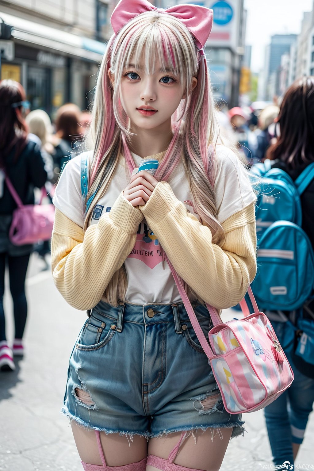 photography showcasing one women in light Fairy Kei fashion.  platinum blond hair with pink tips. They are dressed in a pastel color palette with a mix of textures like soft knits, lace, fine ribbons and tulle. Accessories include oversized bows, plush bags, and playful jewelry. Their outfits feature elements like t-shirts with cute graphics, fluffy sweaters, layered skirts, and patterned overkneesocks. Each figure stands against an urban backdrop, suggesting a street fashion scene. The overall style is characterized by a bright, colorful aesthetic with a whimsical, youthful vibe, reflecting the unique Fairy Kei subculture. 64k, HDR, highly detailed, ultra sharp, photorealistic,Extremely Realistic,more detail XL