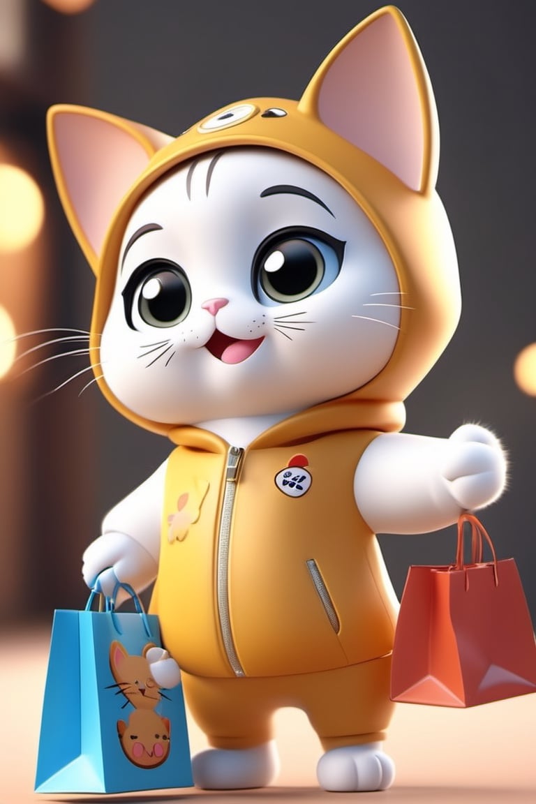 3d,3d style A cute  cartoon  cat
 with an cutestyle character image,A pair of big eyes,wearing  clothing! ! !Very happy cheers , with full body front view, high – quality, silhouette light,  highly detailed and full of vitality. Cinematic, stunning,realistic, dramatic, shocking, with a 35mm lens, realistic and warm light, with ray tracing of 8k POP Mart style,  super fine, soft focus, oc rendering, Hand holding shopping bag