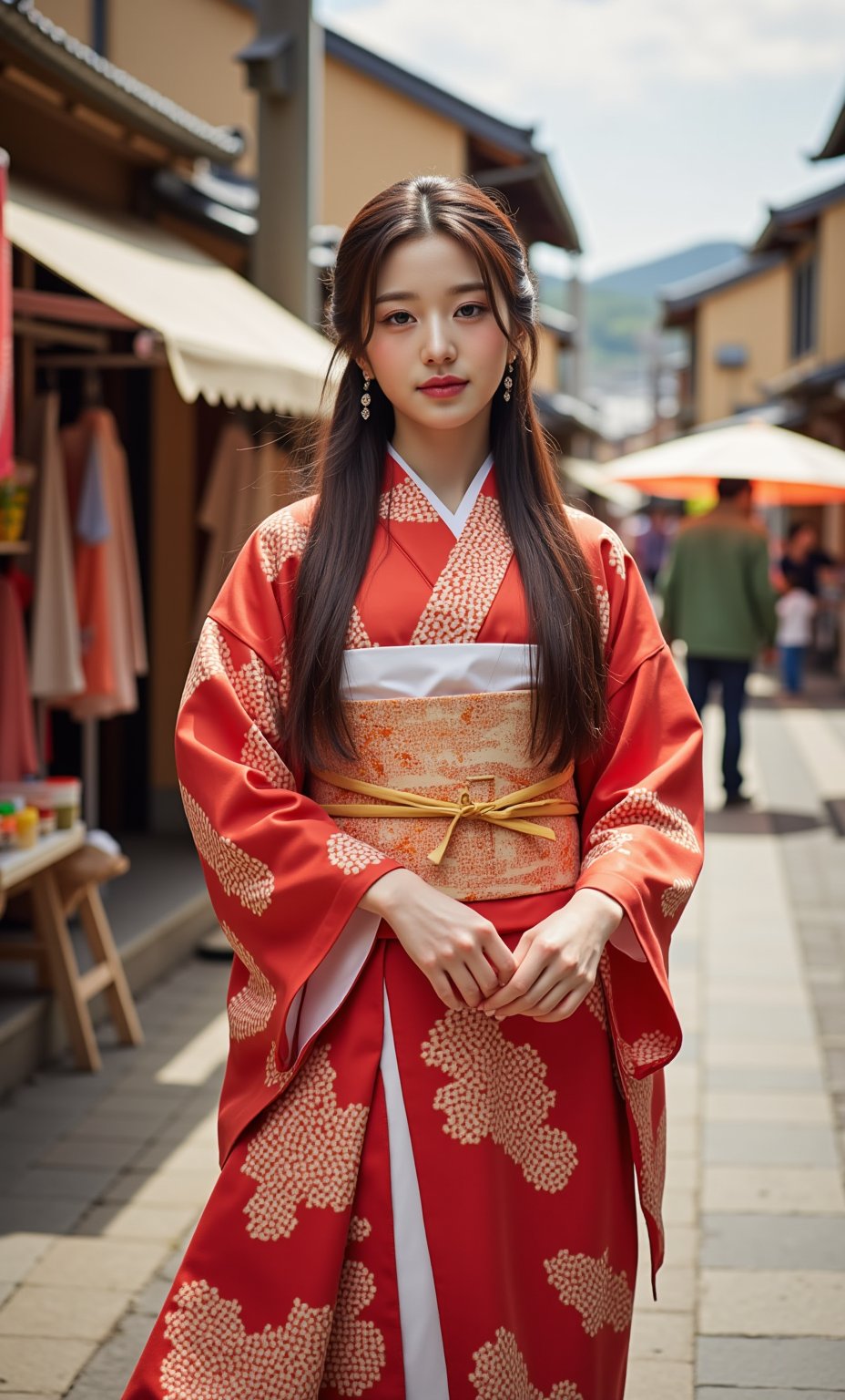 (ultra realistic,32k, masterpiece:1.2),(high detailed skin:1.1),( high quality:1.1), (masterpiece, best quality),A stunning Japanese beauty wears a traditional kimono on the bustling streets of Kyoto. She poses confidently with her hands tucked into the kimono's sleeves, her long hair flowing gently in the afternoon sun. The vibrant colors of the kimono and street vendors' stalls pop against the warm beige walls, while ancient temples loom softly in the background. , full body,(face close-up:1.4), (looking at viewer, upper body) ((dystopic )) ((lleg open)) ((standing)) ((combat ready)) ((rainy playground)) ((sittting)) (( serafuku)) ,jisosmile,ct-identity