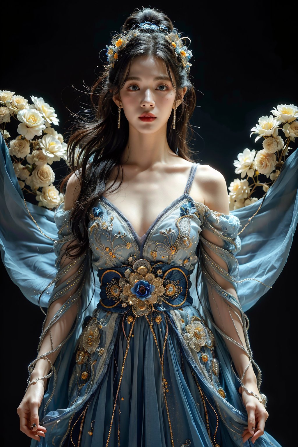 Full figure, seven -clinging shooting, 18 years old, wearing transparent science fiction clothes, exquisite faces, details, hands, ultimate details, amazing magnificence, LED internal lighting, Pedaipan style, fiber hair, glowing blue iris, glowing blue iris,leonardo,Anigame ,beaded flower decoration,jisoo,1girl,Fairy in Clouds