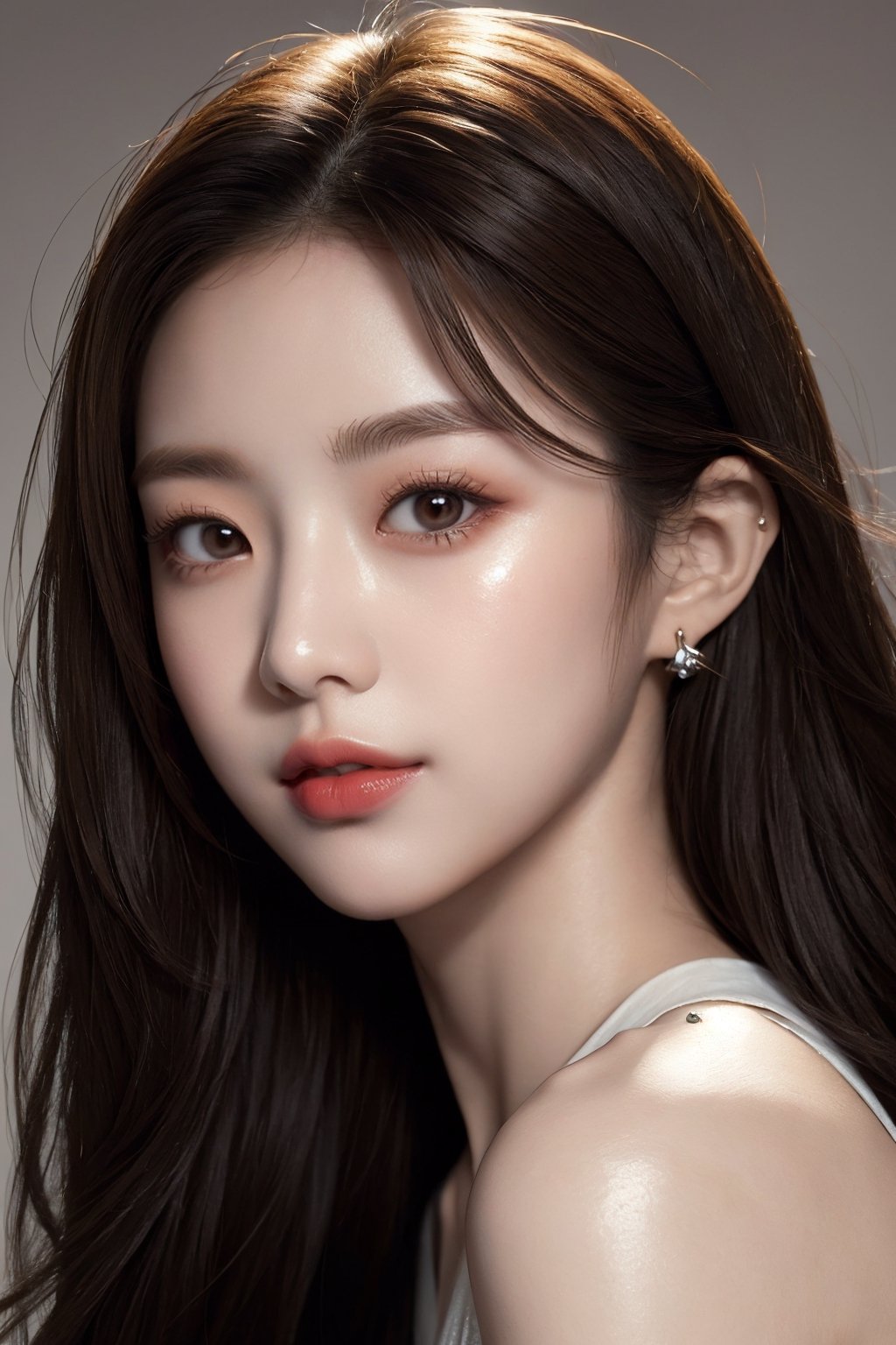 (masterpiece, best quality, photorealistic),a girl,solo,smile,happy, long straight hair,straight bangs,look at viewers,brown eyes,looking at viewer,in studio,pure grey background,detailed skin,detailed face,studio light,parted lips,lips,bare shoulders,(black hair),messy hair, (masterpiece:1.5) (photorealistic:1.1) (bokeh) (best quality) (detailed skin texture pores hairs:1.1) (intricate) (8k) (HDR) (wallpaper) (cinematic lighting) (sharp focus), (eyeliner), (painted lips:1.2), (earrings),asian girl,Young beauty spirit,#cky,Asia,Woman ,z1l4,realhands,AIDA_LoRA_BelK,AIDA_LoRA_valenss,Exquisite face,beautiful,jennie,more detail ,Taiwan ,1 girl ,jisoo,detailed eyes,jennie blackpink,taiwanese