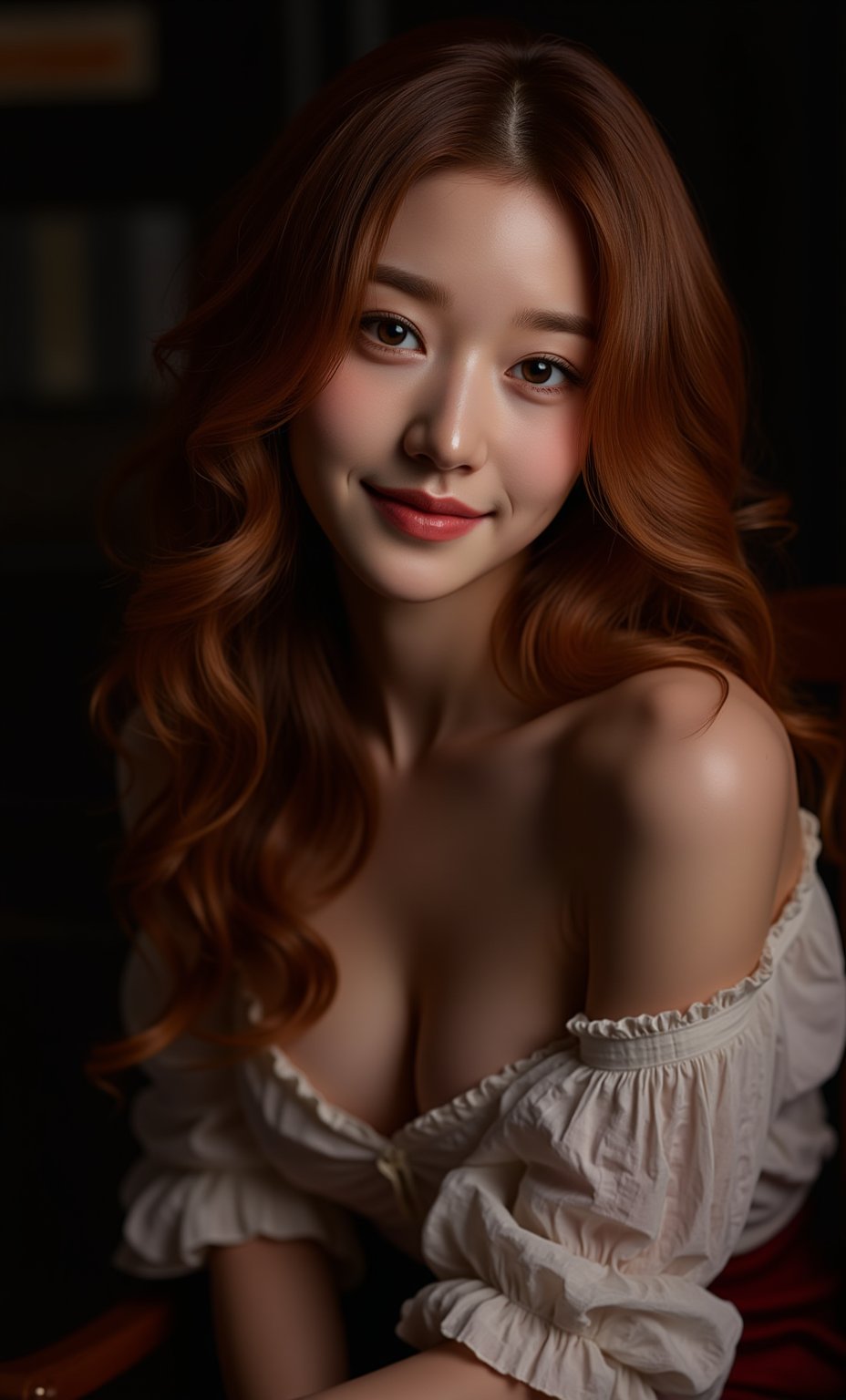 (ultra realistic,32k, masterpiece:1.2),(high detailed skin:1.1),( high quality:1.1), (masterpiece, best quality),HDR photo of woman, spiral curls, long auburn hair, (freckles:0.6) , beautiful low cut blouse, long skirt, sitting on a chair in a dark room, amazing smile, perfect eyes . High dynamic range, vivid, rich details, clear shadows and highlights, realistic, intense, enhanced contrast, highly detailed, full body,(face close-up:1.4), (looking at viewer, upper body) ((dystopic )) ((lleg open)) ((standing)) ((combat ready)) ((rainy playground)) ((sittting)) (( serafuku)) ,jisosmile,ct-identity