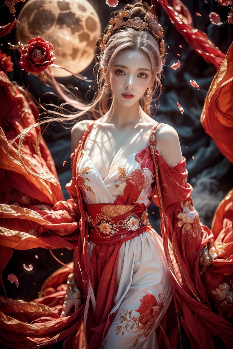 masterpiece, best quality, 1girl, (colorful),(finely detailed beautiful eyes and detailed face),light pink hair, White lace dress, brown eyes,plaits hairstyle,cinematic lighting,bust shot,extremely detailed CG unity 8k wallpaper,white hair,solo,smile,intricate skirt,((flying petal)),(Flowery meadow) sky, cloudy_sky, building, moonlight, moon, night, (dark theme:1.3), light, fantasy,jisoo,1 girl,Asia,Woman ,z1l4,enhanc3d,beaded flower decoration,leonardo,DonM0ccul7Ru57,beaded flower,Fairy in Clouds