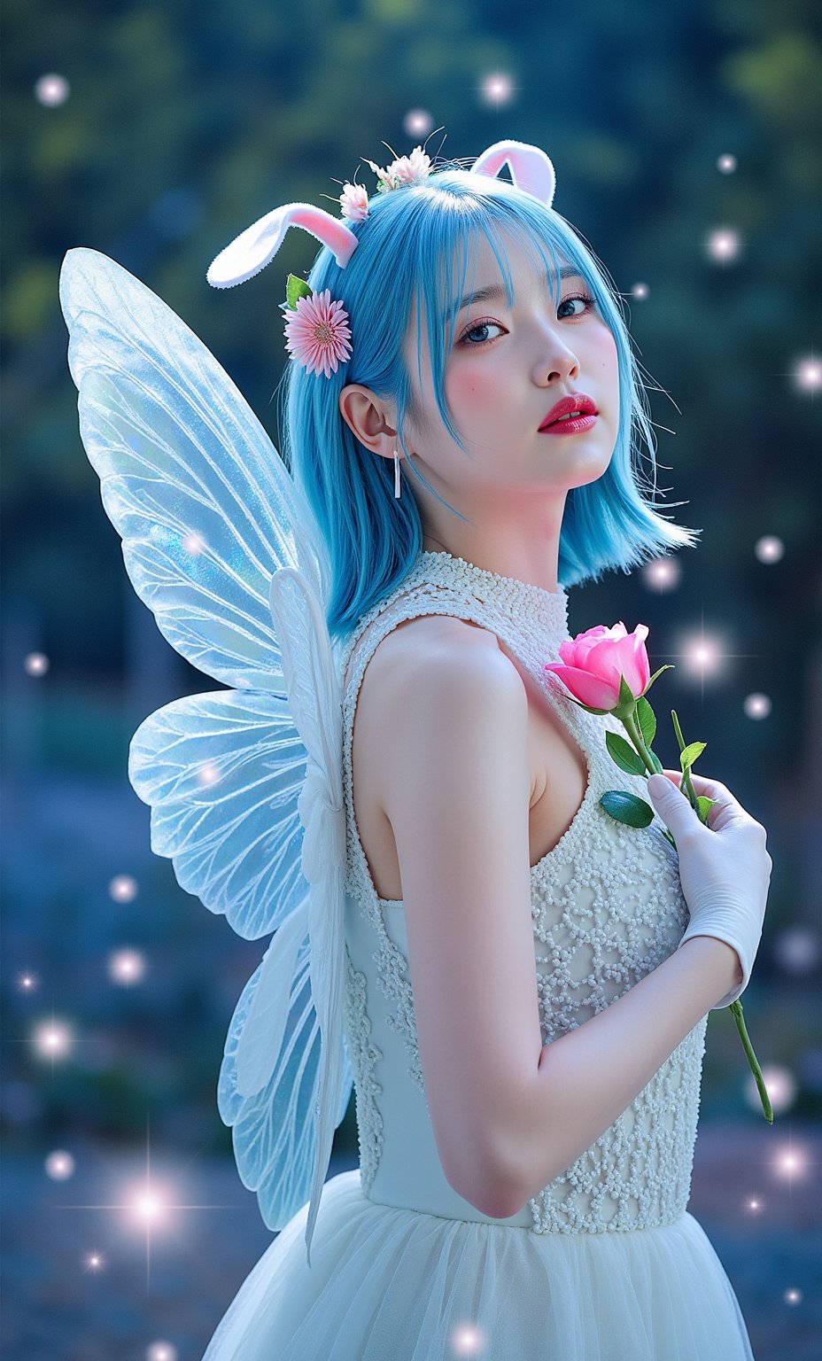 (ultra realistic,32k, masterpiece:1.2),(high detailed skin:1.1),( high quality:1.1), (masterpiece, best quality),"Whispers of Enchantment: A Faerie's Delight" In a realm where magic and beauty intertwine, a lone figure graces the scene with an aura of ethereal charm and grace. Standing with a presence that seems to transcend the ordinary, she embodies a sense of wonder and delight that captivates the viewer and beckons them into a world of enchantment. The girl, with her mesmerizing blue hair that flows like a river of sapphire, wears a dress that shimmers with a hint of iridescence, reflecting the light in a myriad of colors. The fabric cascades around her in gentle waves, creating a sense of movement and fluidity that adds to the whimsical nature of the composition. Her aqua eyes sparkle with a playful glint, inviting the viewer to delve into the mysteries of her world. Adorned with delicate white gloves that accentuate the elegance of her hands, she holds a delicate pink rose, a symbol of love and beauty that adds a touch of romance to the scene. The bloom emits a soft, sweet fragrance that fills the air with a sense of tranquility and serenity, further enhancing the magical ambiance of the moment. The girl's expression, a subtle blush on her cheeks, conveys a mix of innocence and allure that hints at the depth of her character. Her hair, embellished with a whimsical flower ornament, frames her face in a halo of natural splendor that enhances her ethereal beauty. The short strands cascade around her like a waterfall of cerulean hues, adding a touch of whimsy and charm to her overall appearance. A pair of rabbit ears, a fantastical addition that hints at her playful nature, lend a sense of mystery and intrigue to her enchanting persona. As she stands with a grace that seems to defy gravity, her fairy wings unfurled in a display of opalescent light, she exudes a sense of magic and wonder that envelops the scene in a cloak of enchantment. The wings, delicate and translucent, shimmer with a soft glow that illuminates the surroundings with a sense of ethereal beauty. Each feather catches the light in a different way, creating a mesmerizing dance of colors that captivates the eye. With a look that speaks of secrets and dreams, the girl gazes back at the viewer with a mix of invitation and mystery, as if to say, "Come and explore the wonders that lie beyond." Her stance, one of confidence and allure, conveys a sense of inner strength and resilience that complements her outward beauty. The fairy wings that grace her form symbolize her connection to the mystical and the magical, inviting the viewer to step into a world where fantasies come to life. Authored by kyo8sai, this magnificent creation stands as a testament to the artist's creative prowess and was brought to life on 2024-09-14.The painting is signed 'kyo8sai' on the edge. "Whispers of Enchantment: A Faerie's Delight" is a celebration of beauty and magic, a testament to the power of imagination and creativity. Through the artistry of the depiction, the artwork invites the viewer to immerse themselves in a realm where dreams take flight and the ordinary becomes extraordinary, full body,(face close-up:1.4), (looking at viewer, upper body) ((dystopic )) ((lleg open)) ((standing)) ((combat ready)) ((rainy playground)) ((sittting)) (( serafuku)) ,jisosmile,ct-identity