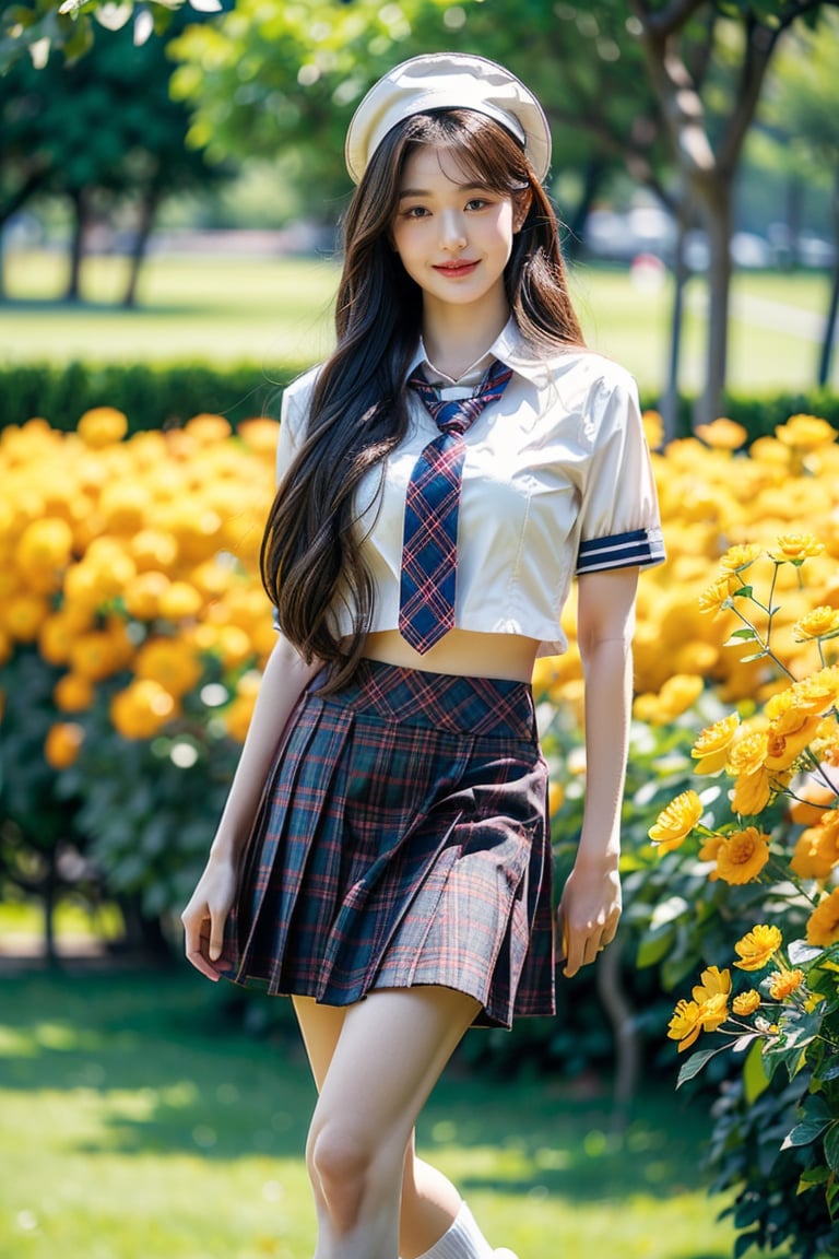 (Masterpiece), (Top Quality), (Super Detailed), (Very Detailed), (Perfect Anatomy), (Super Detailed Skin), (Detailed), (Beautifully Detailed Eyes), 1 Girl, 16 Years Old, Solo, Black Hair, Very Long Hair, Blunt Bangs, Black Eyes, (Plaid Skirt), Skirt, (Uniform), (White Shirt), (Sailor Uniform: 1.1), Partially White Socks, White Sneakers, (plaid tie), curvaceous, eyebrows, sideways glances, park, forest and flower fields, body, nice smile, standing,