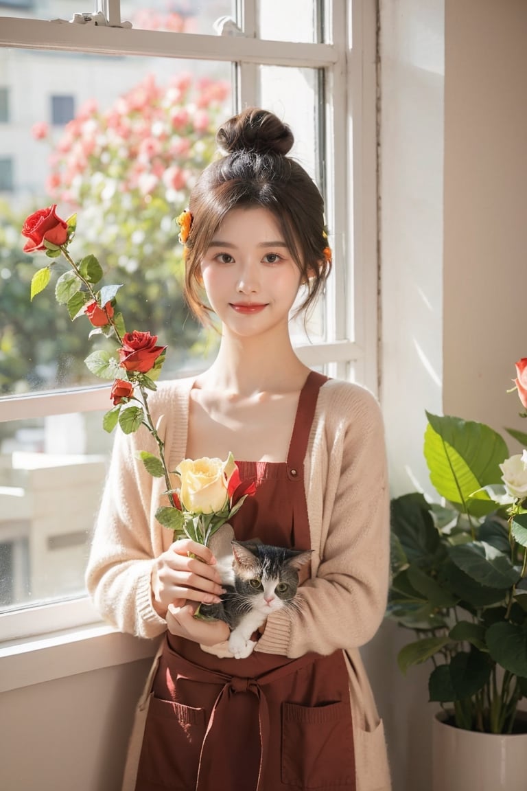 1girl, solo, looking at viewer, smile, black hair, holding, brown eyes, flower, indoors, hair bun, apron, window, rose, animal, single hair bun, cat, cardigan, plant, red flower, potted plant, vase