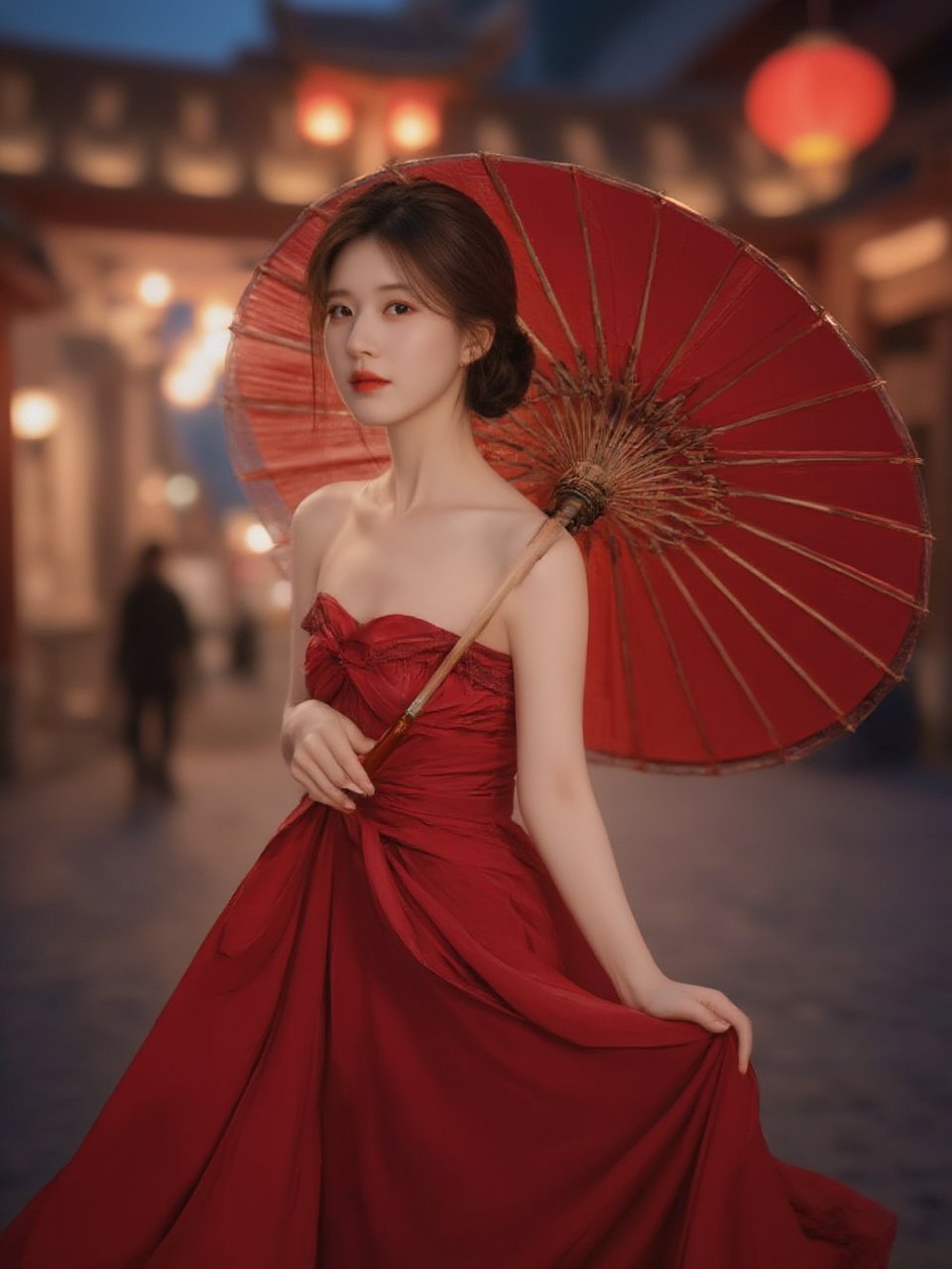 photorealism, (upper body), (portrait:1.2), KOLNB,Hanfu,Eroflo, a woman, beautiful face, red dress, japanese umbrella, bokeh, Chinese festival street, (nigh street:1.2), depth of field, columns, temple, lanterns. Best quality, uhd, 8k, hyper detailed,Ahri