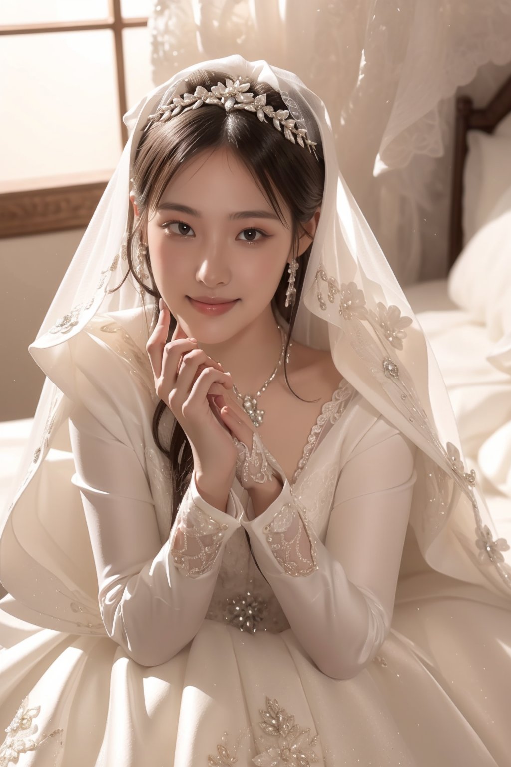 beautiful bride,dark blonde hair, she is wearing beautiful wedding dress, heels,accesories, and holding buquet,she is lying on bed,happy smile,face lighting,Best Quality, 32k, photorealistic, ultra-detailed, finely detailed, high resolution, perfect dynamic composition, beautiful detailed eyes, sharp-focus, cowboy shot,top view,ruanyi0263,bridal veil