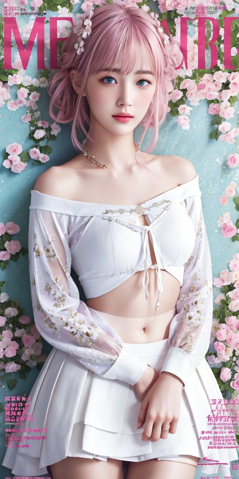 (Masterpiece, top quality, best quality, official art, beauty & aesthetics: 1.2), hdr, high contrast, wide angle lens, 1 girl, solo, pink hair, shot hair, bangs, looking at viewer, relaxed expression, pronounced blue eyes, long faded eyebrows, soft makeup, gradient lips,  long fingers,  realistic illustration, (soothing tones: 1.3), (super detailed: 1.2), yuicere, midriff, white_skirt, garden background, (fashion magazine cover:1.5)