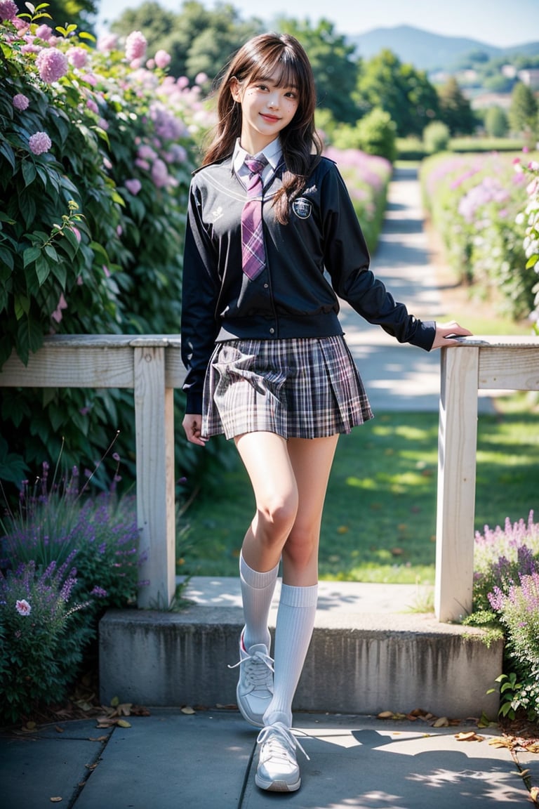 (Masterpiece), (Top Quality), (Super Detailed), (Very Detailed), (Perfect Anatomy), (Super Detailed Skin), (Detailed), (Beautifully Detailed Eyes), 1 Girl, 16 Years Old, Solo, Black Hair, Very Long Hair, Blunt Bangs, Black Eyes, (Plaid Skirt), Skirt, (Uniform), (White Shirt), (Sailor Uniform: 1.1), Partially White Socks, White Sneakers, (plaid tie), curvaceous, eyebrows, sideways glances, park, forest and flower fields, body, nice smile, standing,