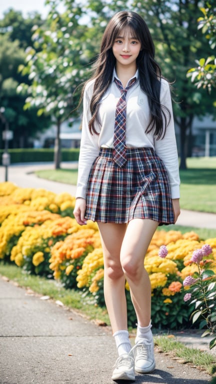 (Masterpiece), (Top Quality), (Super Detailed), (Very Detailed), (Perfect Anatomy), (Super Detailed Skin), (Detailed), (Beautifully Detailed Eyes), 1 Girl, 16 Years Old, Solo, Black Hair, Very Long Hair, Blunt Bangs, Black Eyes, (Plaid Skirt), Skirt, (Uniform), (White Shirt), (Sailor Uniform: 1.1), Partially White Socks, White Sneakers, (plaid tie), curvaceous, eyebrows, sideways glances, park, forest and flower fields, body, nice smile, standing,