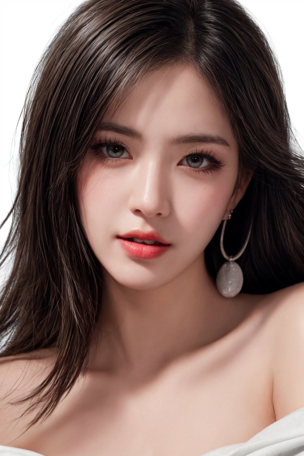 (masterpiece, best quality, photorealistic), 1girl, black hair, brown eyes, small boobs, detailed skin, pore, lovely expression, close mouth, white off shoulder, upper body, beauty model, White background, Detailedface, Realism, Epic ,Female, Portrait, Raw photo, Photography, Photorealism, (masterpiece:1.5) (photorealistic:1.1) (bokeh) (best quality) (detailed skin texture pores hairs:1.1) (intricate) (8k) (HDR) (wallpaper) (cinematic lighting) (sharp focus), (eyeliner), (painted lips:1.2), (earrings)