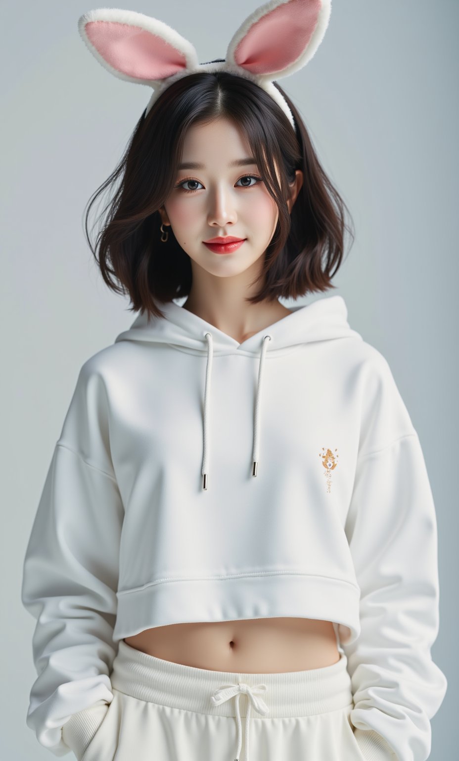 (ultra realistic,32k, masterpiece:1.2),(high detailed skin:1.1),( high quality:1.1), (masterpiece, best quality),1 girl, beautiful Korean girl, (Cute Loose Bob hair) , (wearing white cropped bunny hoodie, capri sweatpants:1.5) , (hands in pockets:1.5) , (red lips:1.3) , background, volumetric haze, global illumination, (flowing hair) , (bright smile) , natural lighting, ((beautiful detailed eyes, symmetrical eyes) , (photorealism:1.5) , (photorealistic:1.4) , (8k, RAW photo, masterpiece) , High detail RAW color photo, realistic, (highest quality) , (best shadow) , (best illustration) , ultra high resolution, highly detailed CG unified 8K wallpapers, physics-based rendering, realistic, realism, high contrast, hyperrealism, f1. 6 lens, rich colors, hyper-realistic lifelike texture, cinestill 800), full body,(face close-up:1.4), (looking at viewer, upper body) ((dystopic )) ((lleg open)) ((standing)) ((combat ready)) ((rainy playground)) ((sittting)) (( serafuku)) ,jisosmile,ct-identity