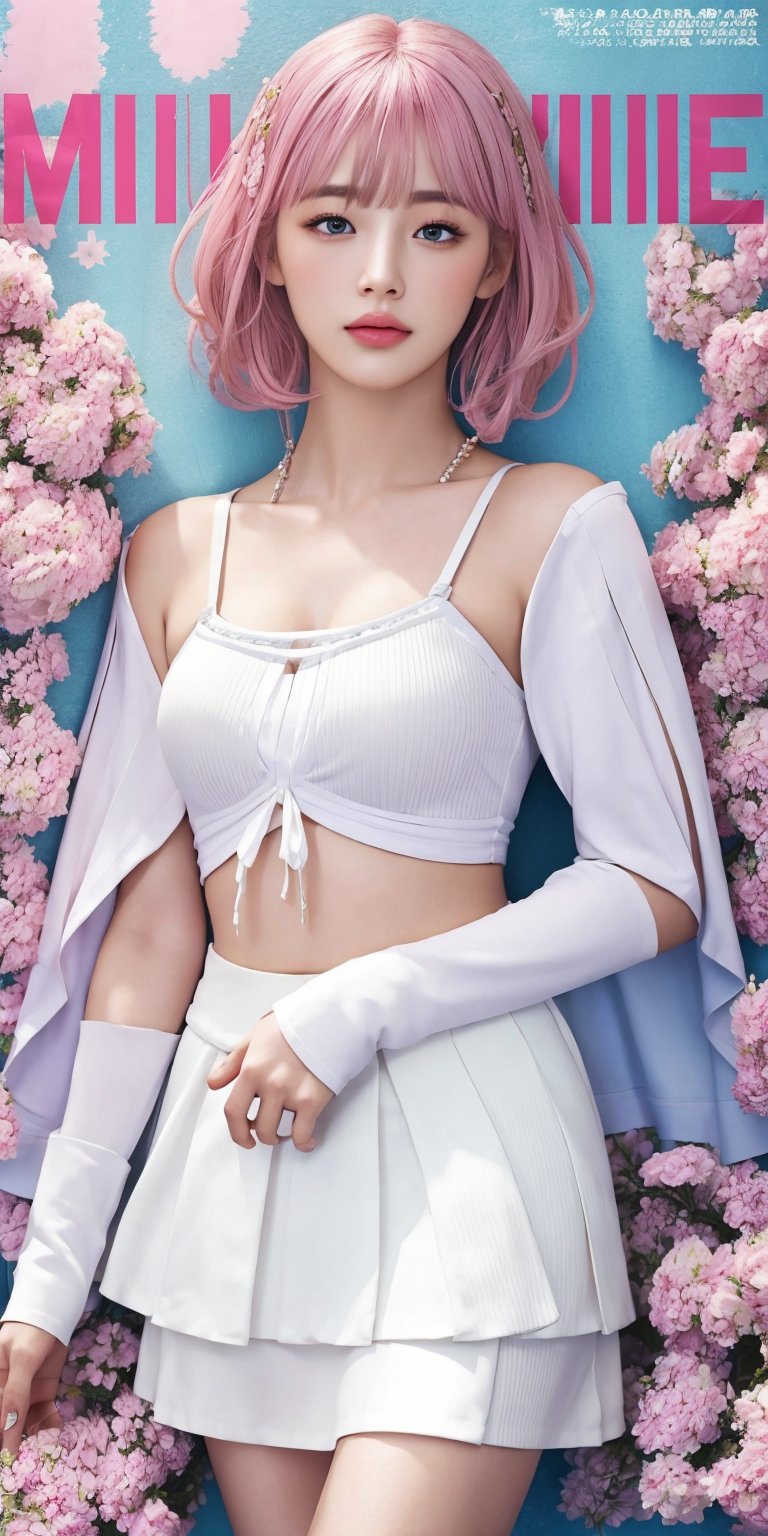 (Masterpiece, top quality, best quality, official art, beauty & aesthetics: 1.2), hdr, high contrast, wide angle lens, 1 girl, solo, pink hair, shot hair, bangs, looking at viewer, relaxed expression, pronounced blue eyes, long faded eyebrows, soft makeup, gradient lips,  long fingers,  realistic illustration, (soothing tones: 1.3), (super detailed: 1.2), yuicere, midriff, white_skirt, garden background, (fashion magazine cover:1.5)