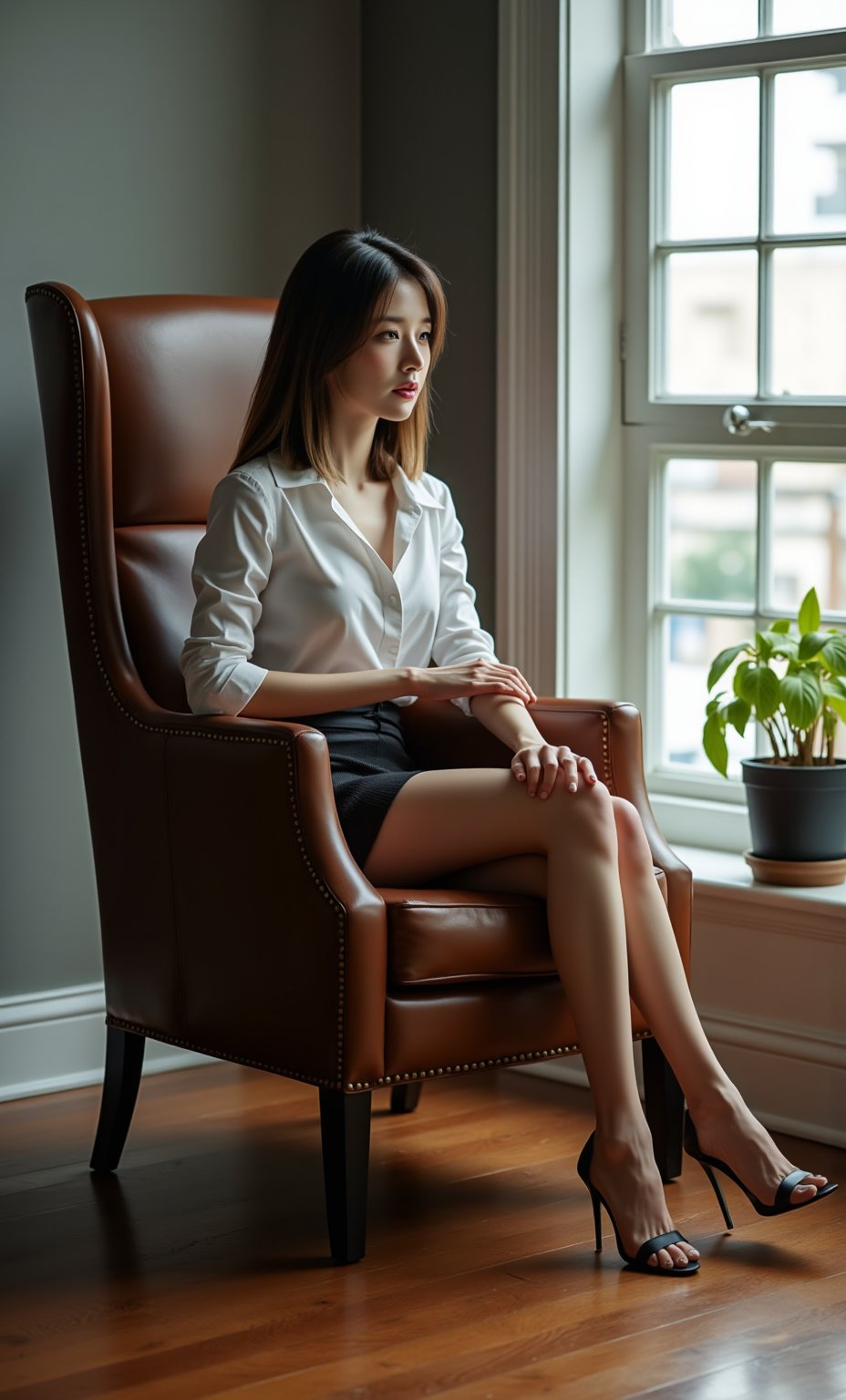 (ultra realistic,32k, masterpiece:1.2),(high detailed skin:1.1),( high quality:1.1), (masterpiece, best quality),photograph of a woman with brunette hair and light highlights sitting in a high-backed leather chair, from the side, looking out a large window, painted cement wall in the background, highly polished hardwood floor, potted plant in the background, wearing a long sleeve blouse, form fitting short skirt, high heels, one arm across her lap, full body,(face close-up:1.4), (looking at viewer, upper body) ((dystopic )) ((lleg open)) ((standing)) ((combat ready)) ((rainy playground)) ((sittting)) (( serafuku)) ,jisosmile,ct-identity