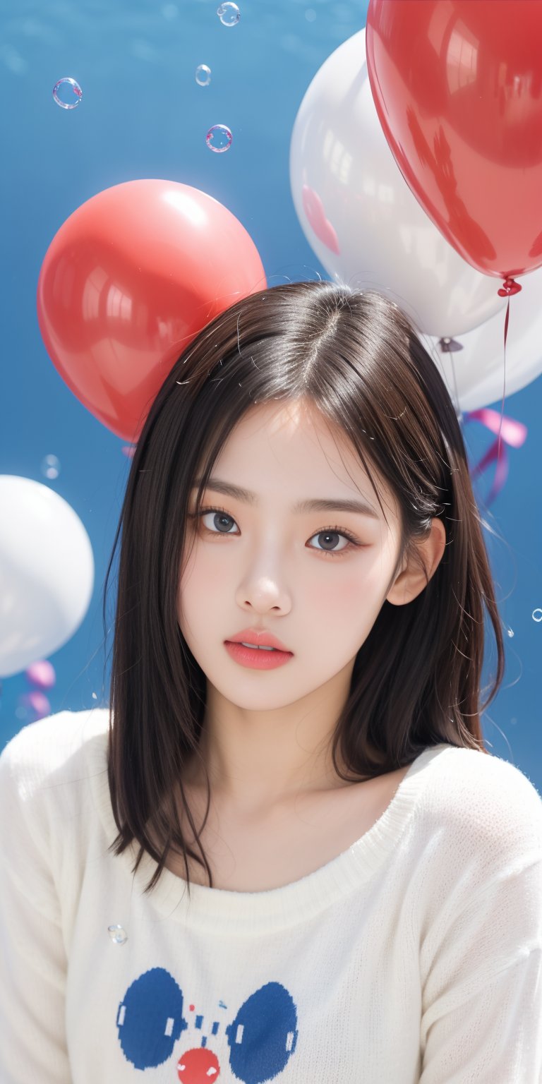 1girl, solo, looking at viewer, short hair, blue eyes, brown hair, black hair, collarbones, parted lips, water, lips, white sweater, sunlight, bubbles, underwater, (small bubbles:1.3), (red balloons:1.2), korean, perfect light, idol, 