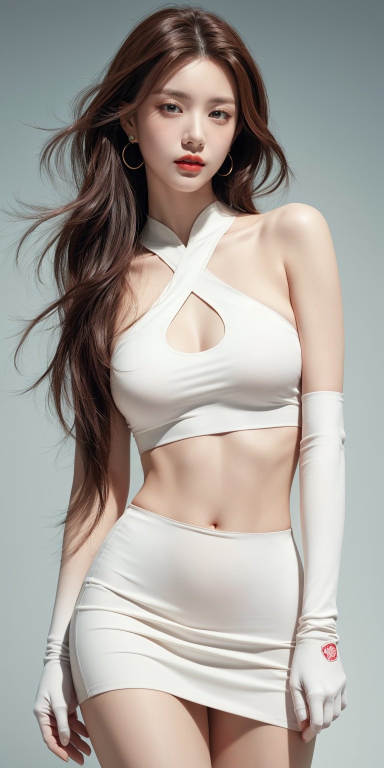 masterpiece, best quality, Highly Detailed, 8k, simple background, white background, plain background,rim lightning, beautiful woman, detailed, realistic, natural body, detailed face, natural shoulder width, slim waist, red lips, lips glow, 1girl, solo, oiled skin, red eyes, low-tied long hair, earrings, white crop top, suspenders, black miniskirt, pencil skirt, arm warmers, elbow gloves, elbow pads, red gloves, 
cowboy shot,