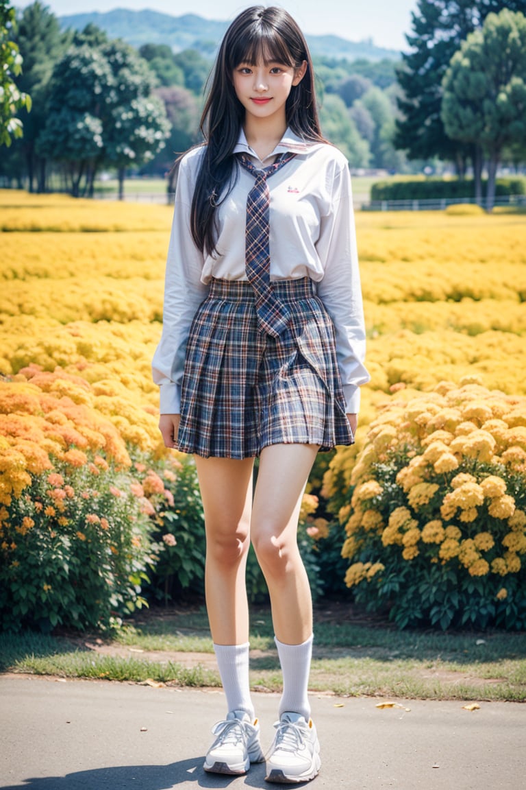 (Masterpiece), (Top Quality), (Super Detailed), (Very Detailed), (Perfect Anatomy), (Super Detailed Skin), (Detailed), (Beautifully Detailed Eyes), 1 Girl, 16 Years Old, Solo, Black Hair, Very Long Hair, Blunt Bangs, Black Eyes, (Plaid Skirt), Skirt, (Uniform), (White Shirt), (Sailor Uniform: 1.1), Partially White Socks, White Sneakers, (plaid tie), curvaceous, eyebrows, sideways glances, park, forest and flower fields, body, nice smile, standing,