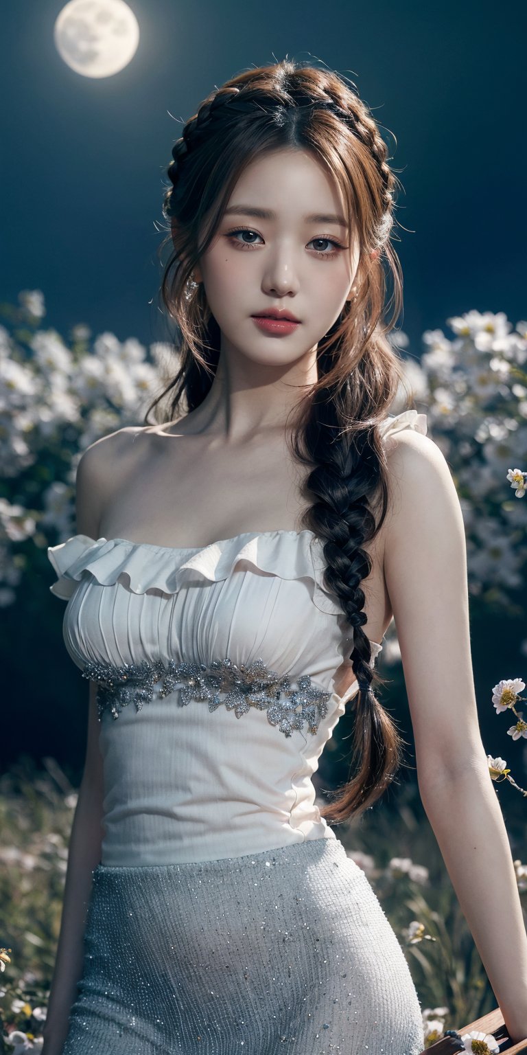 masterpiece, best quality, 1girl, (colorful),(finely detailed beautiful eyes and detailed face),light brown hair, yellow lace dress, brown eyes,plaits hairstyle,cinematic lighting,bust shot,extremely detailed CG unity 8k wallpaper,white hair,solo,smile,intricate skirt,((flying petal)),(Flowery meadow) sky, cloudy_sky, building, moonlight, moon, night, (dark theme:1.3), light, fantasy,jisoo,1 girl,Asia,Woman ,z1l4,enhanc3d