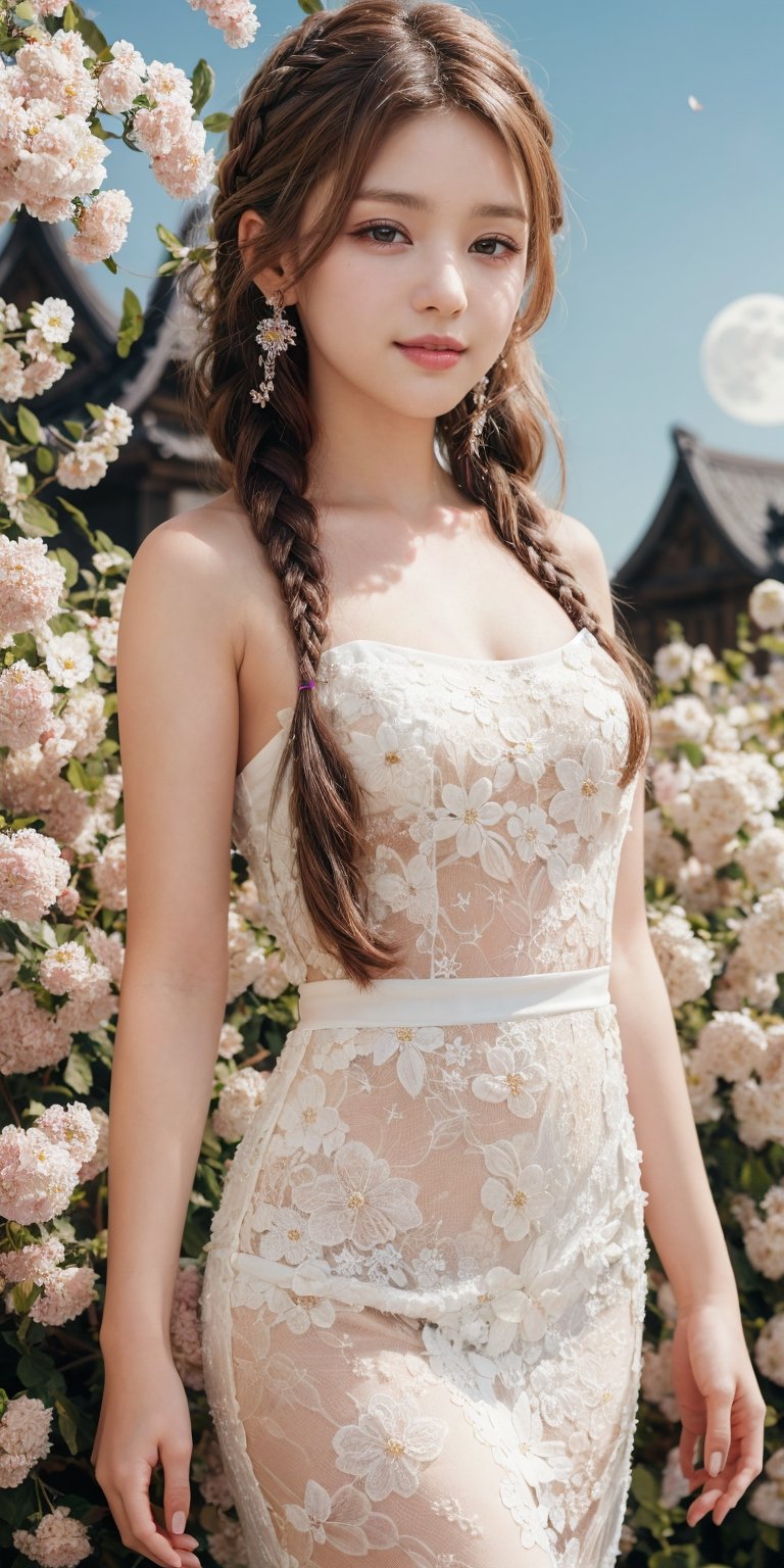 masterpiece, best quality, 1girl, (colorful),(finely detailed beautiful eyes and detailed face),ight brown hair, White lace dress, brown eyes,plaits hairstyle,cinematic lighting,bust shot,extremely detailed CG unity 8k wallpaper,white hair,solo,smile,intricate skirt,((flying petal)),(Flowery meadow) sky, cloudy_sky, building, moonlight, moon, night, (dark theme:1.3), light, fantasy,jisoo,1 girl,Asia,Woman ,z1l4,enhanc3d