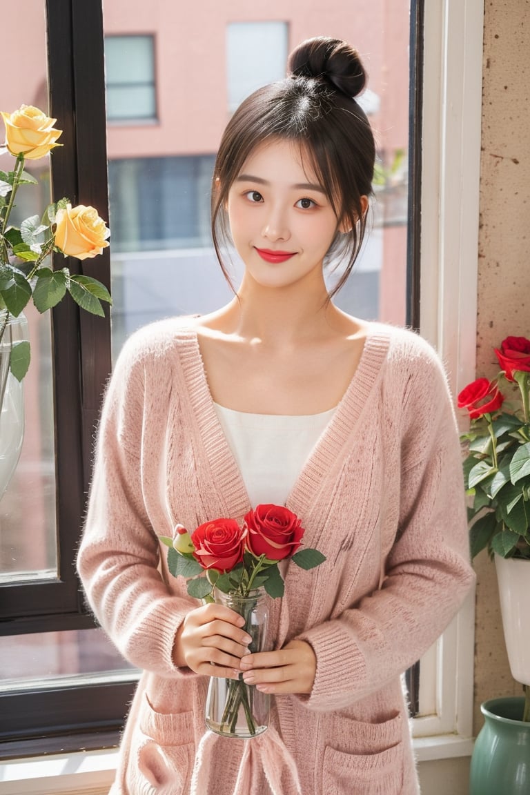 1girl, solo, looking at viewer, smile, black hair, holding, brown eyes, flower, indoors, hair bun, apron, window, rose, animal, single hair bun, cat, cardigan, plant, red flower, potted plant, vase