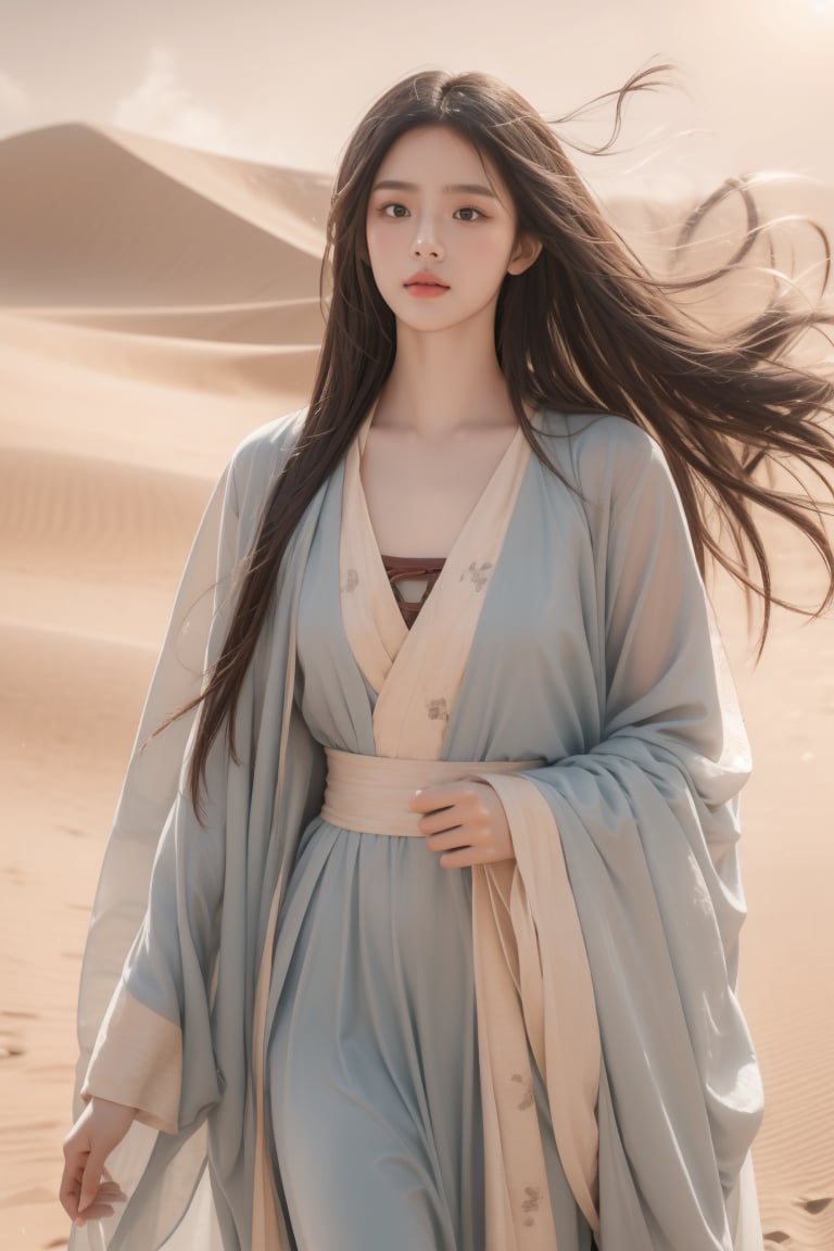 sky,desert, dune,sun,wind,sand storm,16 yo,beautiful girl,very long hair, straight hair,brown hair,wearing hanfu,walking on dune,she is looking up sky,Best Quality, 32k, photorealistic, ultra-detailed, finely detailed, high resolution, perfect dynamic composition, beautiful detailed eyes, sharp-focus, cowboy shot,under view shot,