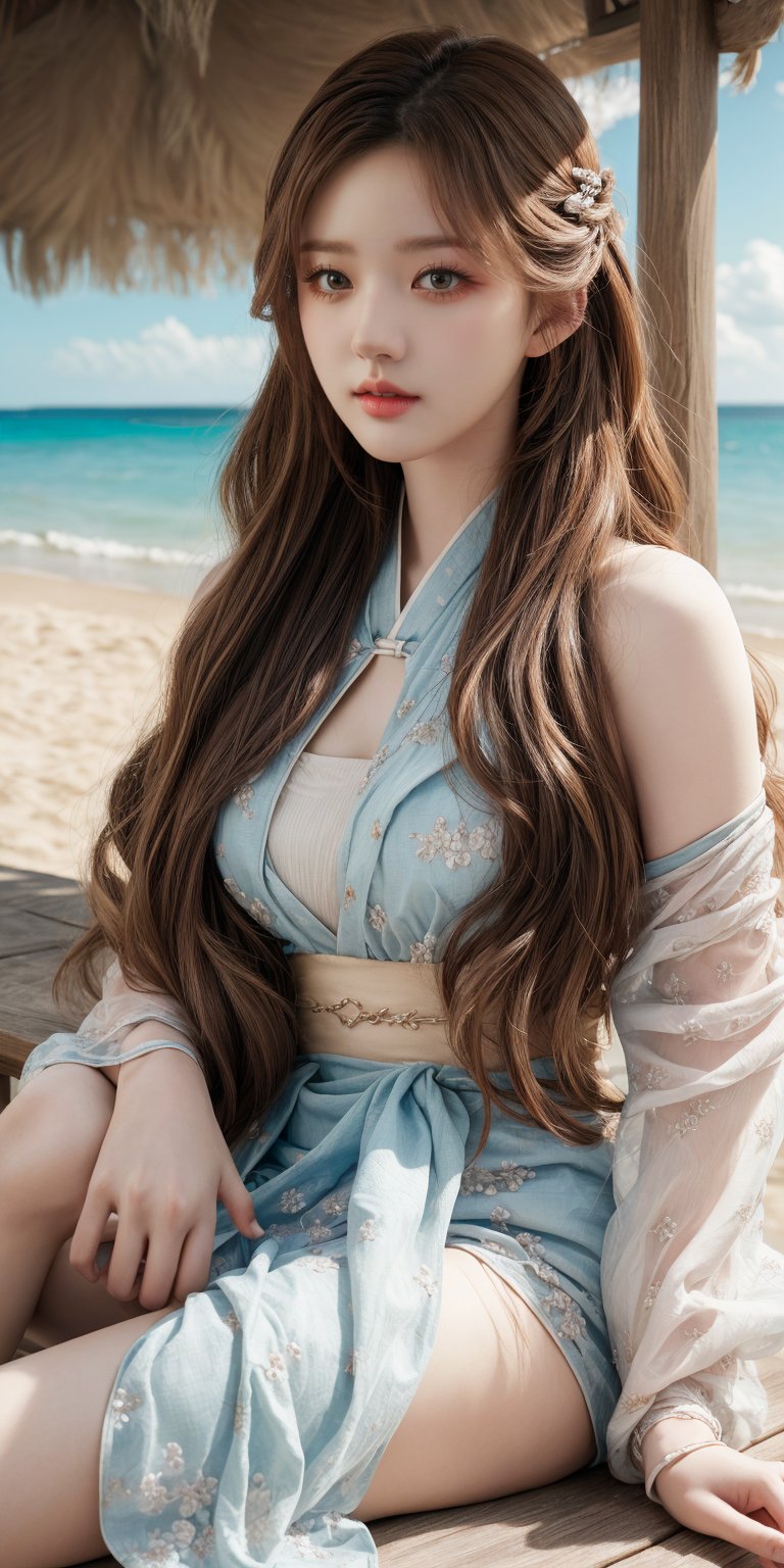 (masterpiece, best quality), (ultra-detailed), (1girl), (solo), (an extremely delicate and beautiful), age 20, (beautiful detailed sky), beautiful detailed eyes, beach, wavy hair, hanfu, Extremely Realistic