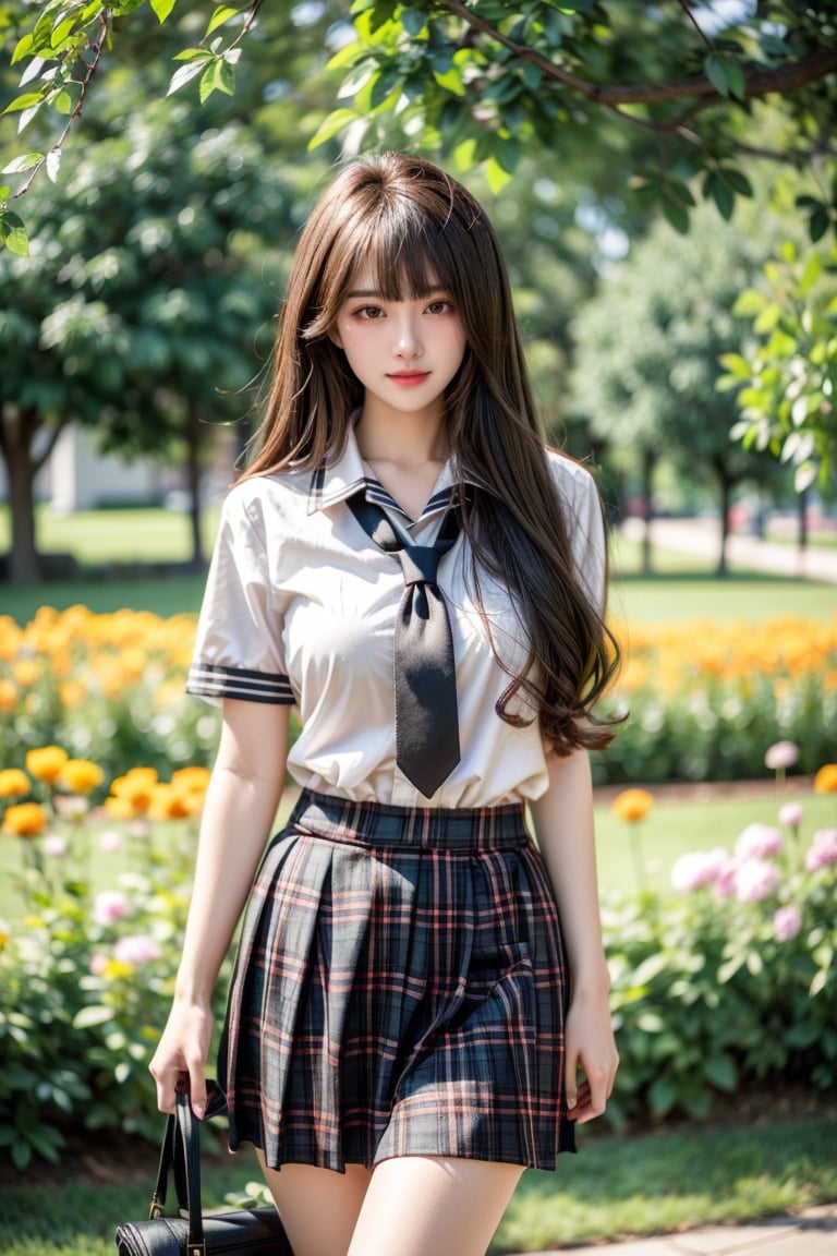 (Masterpiece), (Top Quality), (Super Detailed), (Very Detailed), (Perfect Anatomy), (Super Detailed Skin), (Detailed), (Beautifully Detailed Eyes), 1 Girl, 16 Years Old, Solo, Black Hair, Very Long Hair, Blunt Bangs, Black Eyes, (Plaid Skirt), Skirt, (Uniform), (White Shirt), (Sailor Uniform: 1.1), Partially White Socks, White Sneakers, (plaid tie), curvaceous, eyebrows, sideways glances, park, forest and flower fields, body, nice smile, standing,