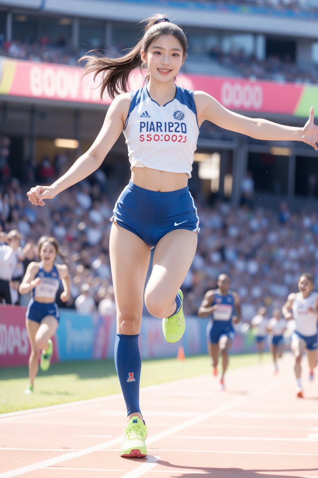 olympic Stadium,great crowds of spectators around the stadium,olympic emblem,track,1 girl,sprinter,blonde hair,blue eyes,long ponytail,wearing short and tight uniform( Text "PARIS 2024" written on her top),knee pads,running shoes,100meter sprint,she is running and crossing the finish line,lift both arms,smile,cowboy_shot,